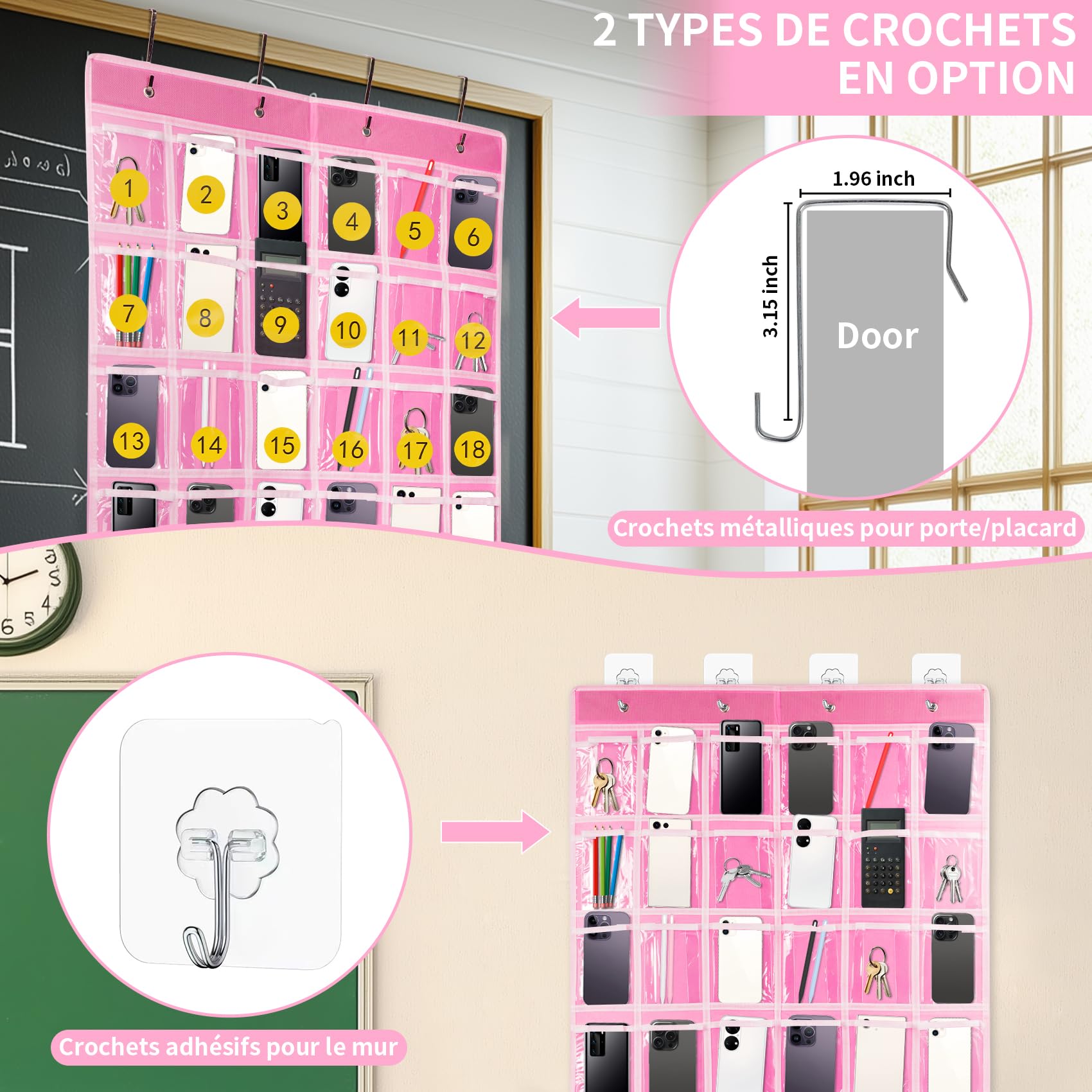 Organiseur de salle de classe à 36 poches, support de calculatrice de téléphone, support mural à suspendre avec crochets et autocollants numérotés (Rose)