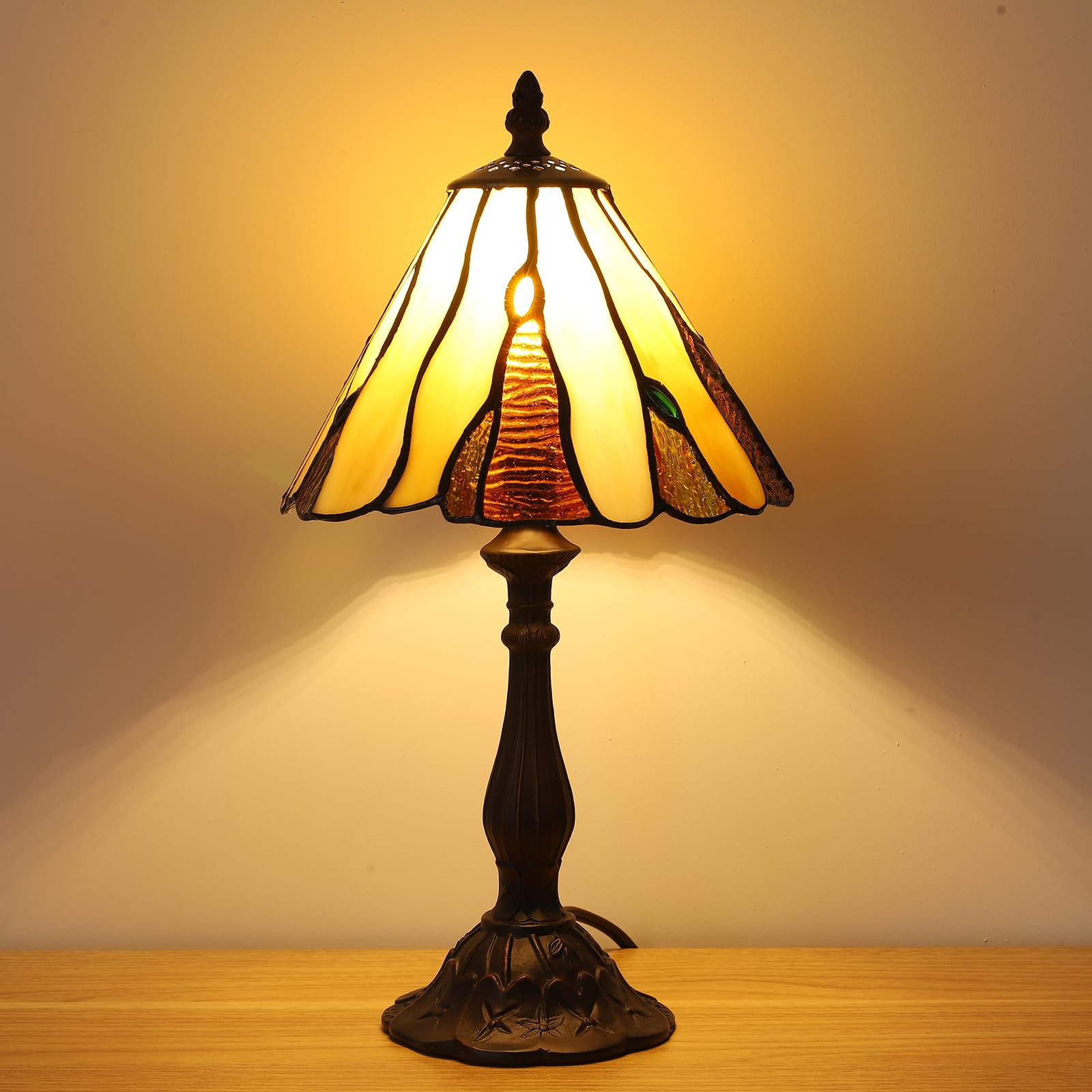 Tiffany Tischlampe, Vintage Glaslampenschirm, Dekorative Nachttischleuchte, Antik Bronze Tischleuchte mit E14 Fassung