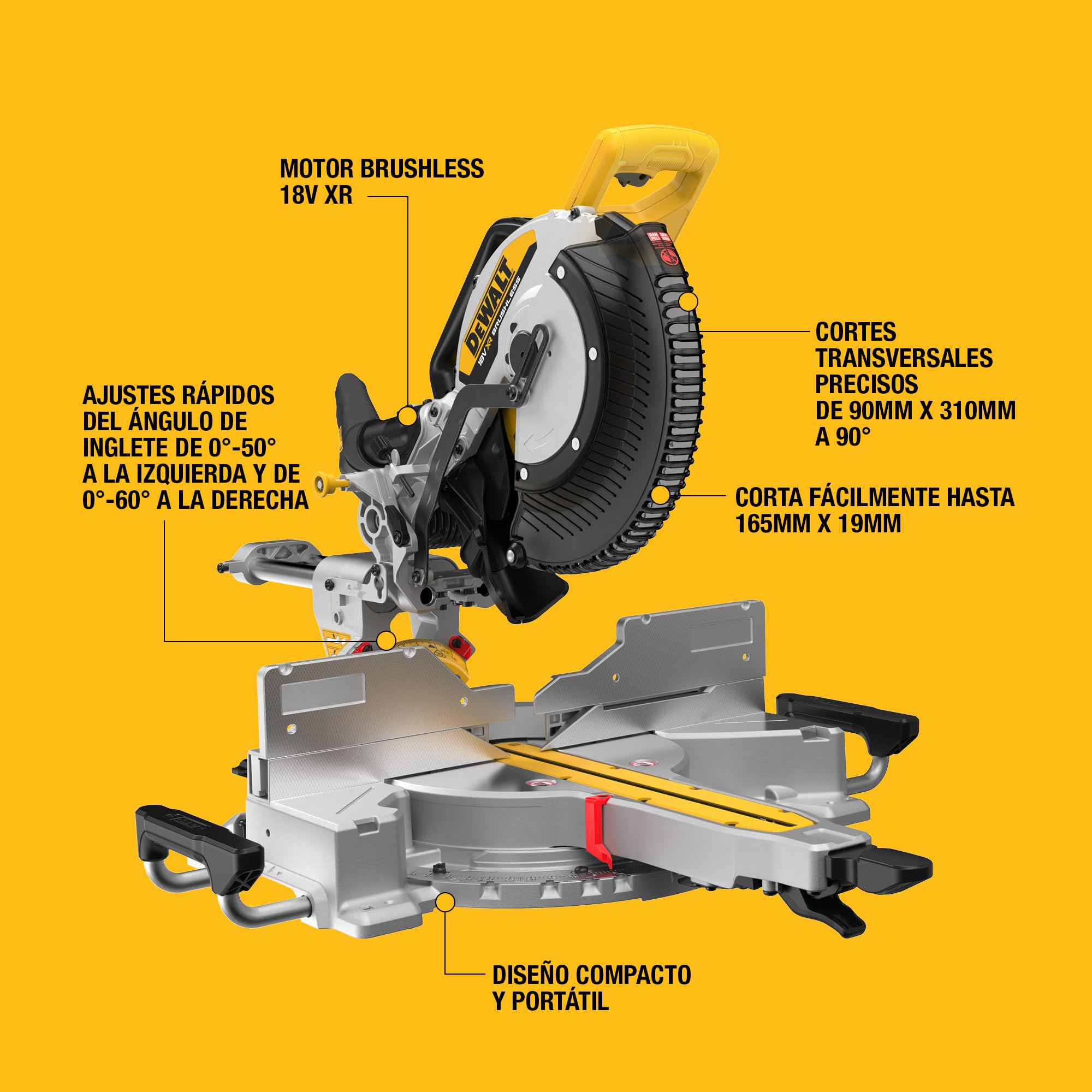 DEWALT Tronzadora 18V XR 305mm. Corte de alta capacidad y precisión con motor sin escobillas, control avanzado del polvo y compatibilidad con la batería XR, sólo herramienta, DCS782N-XJ