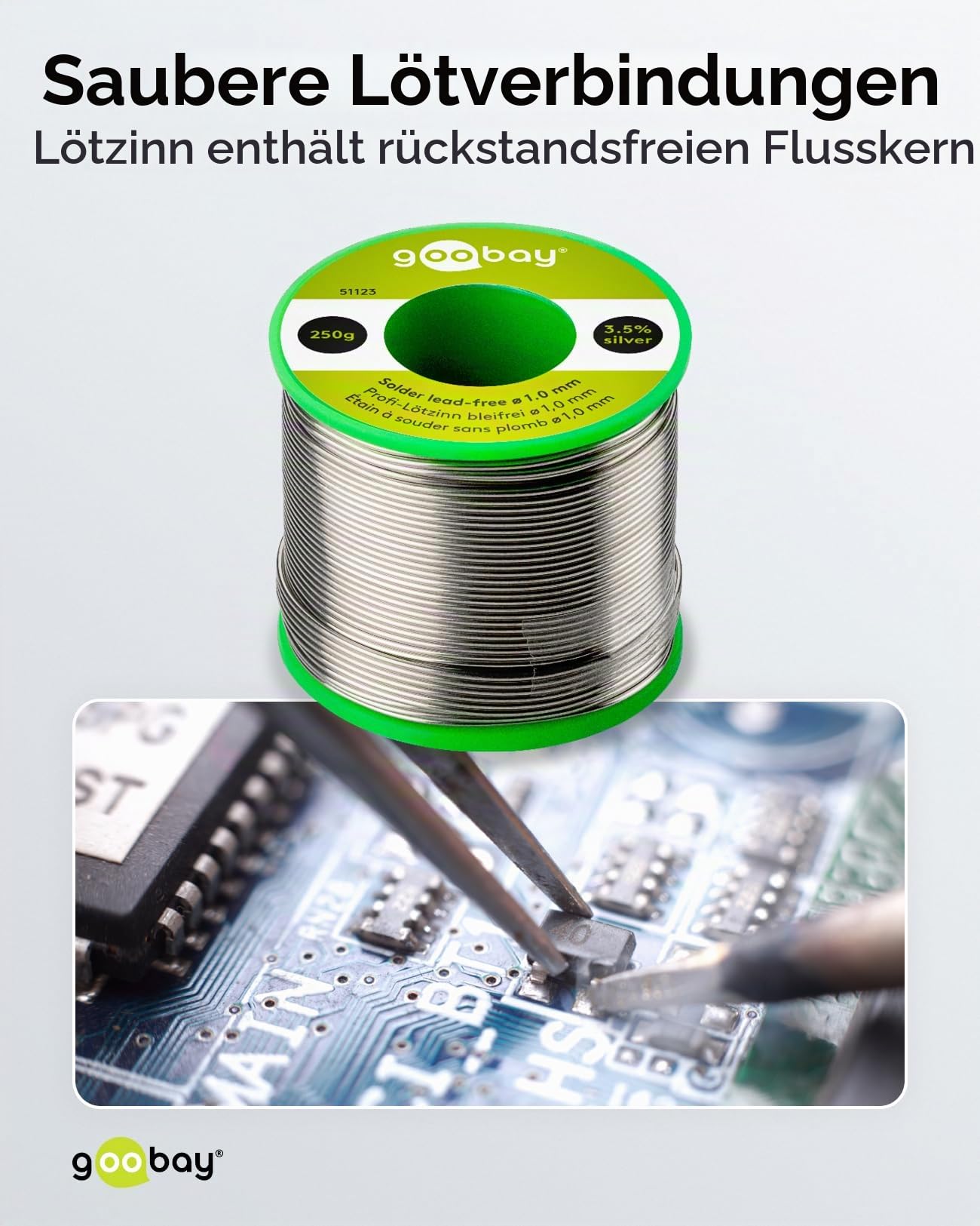 Goobay 51123 Lötzinn bleifrei ø 1mm Lötdraht mit Flussmittel, 3.5 % Silber & 0.7 % Kupfer, 217 °C Schmelzpunkt, Löt Zinn bleifreies Löten, 250g