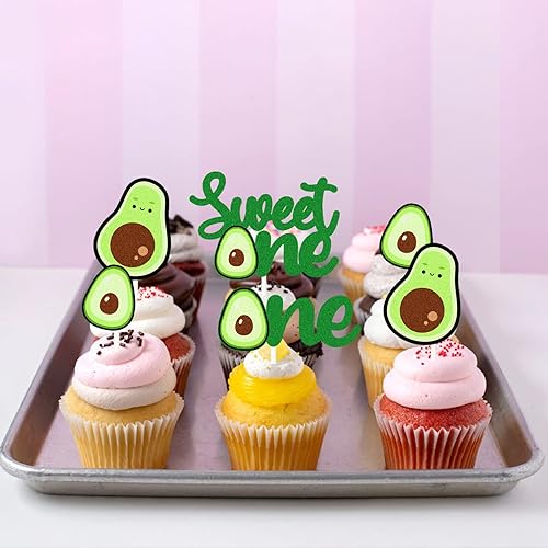 Miniatura 5 de Decoración para cupcakes de postre de aguacate, 18 piezas de decoración de pastel de aguacate con purpurina verde para baby shower, primer