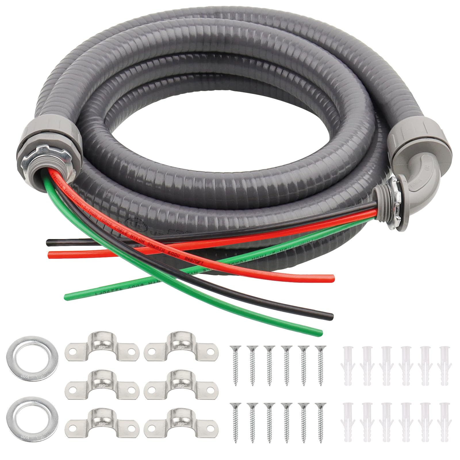 1/2 Inch AC Whip Assembly Kit 10 FT, Non-Metallic Liquid Tight Electrical Conduit with 10/3 Gauge THHN Wire for Heater, Air Conditioner, Timer, Mini