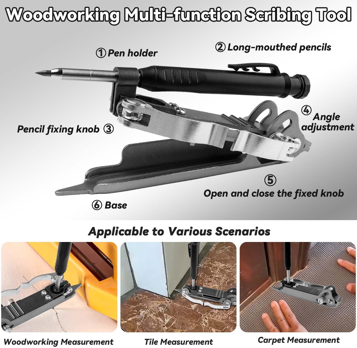 YAKAMOZ Multi-function Scribing Tool with Deep Hole Construction Pencil, Aluminum Alloy Carpenter Woodworking Compass Scriber Precise Contour Scribe Marking Tools