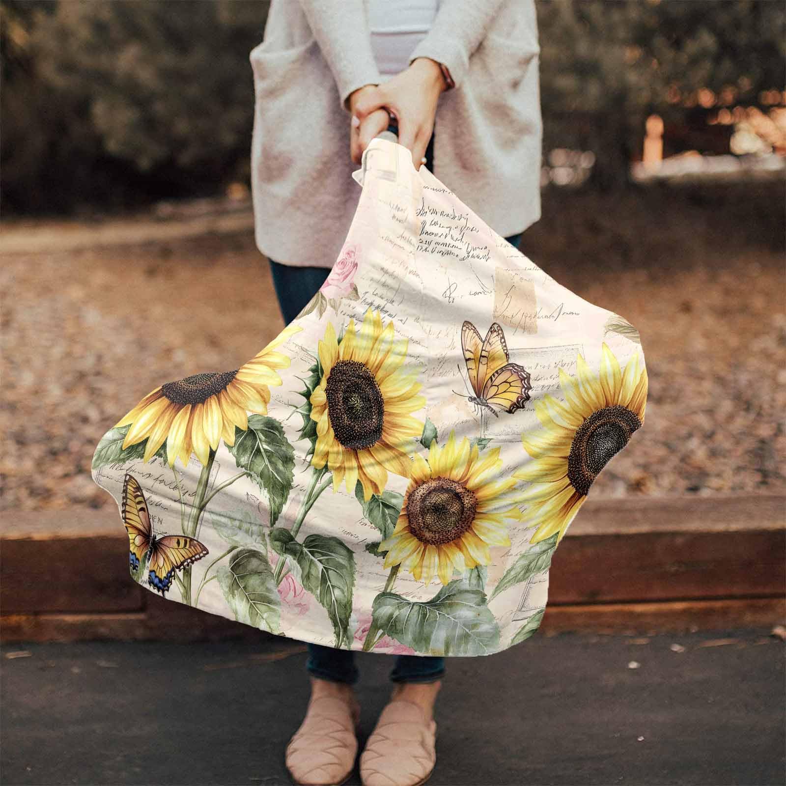 Yellow Sunflowers Country Nursing Cover for Breastfeeding Scarf, Vintage Letters Pastoral Style Baby Car Covers Super Soft Multi Use for Canopy Shopping Cart Cover Blanket Stroller Cover
