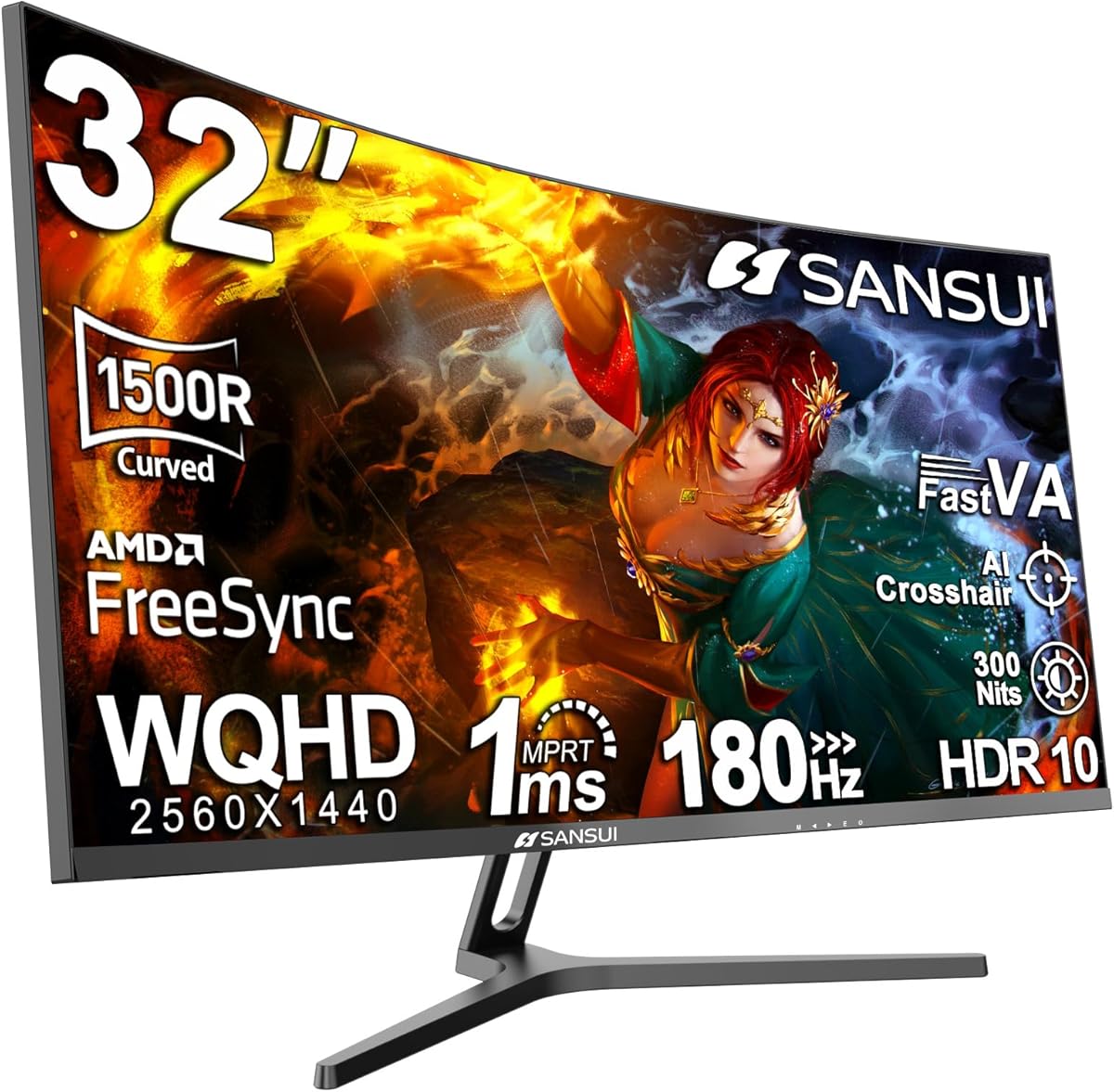 SANSUI 32-Inch Curved Gaming Monitor WQHD 2560 x 1440 180Hz Curved 1500R -Fast VA,1ms(OD), HDR, 300nits, sRGB 125%, DCI-P3 95%, FreeSync, HDMI x2, DP1.4x2(DP Cable Included) : Electronics
