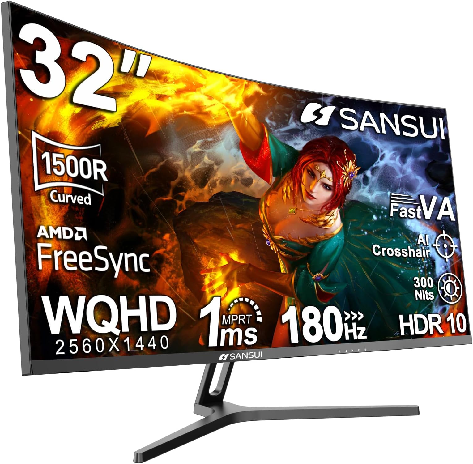 32-Inch Curved Gaming Monitor WQHD 2560 x 1440 180Hz Curved 1500R -Fast VA,1ms(OD), HDR, 300nits, sRGB 125%, DCI-P3 95%, FreeSync, HDMI x2, DP1.4x2(DP Cable Included)