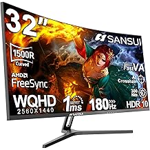 SANSUI 32-Inch Curved Gaming Monitor WQHD 2560 x 1440 180Hz Curved 1500R -Fast VA,1ms(OD), HDR, 300nits, sRGB 125%, DCI-P3 95%, FreeSync, HDMI x2, DP1.4x2(DP Cable Included)