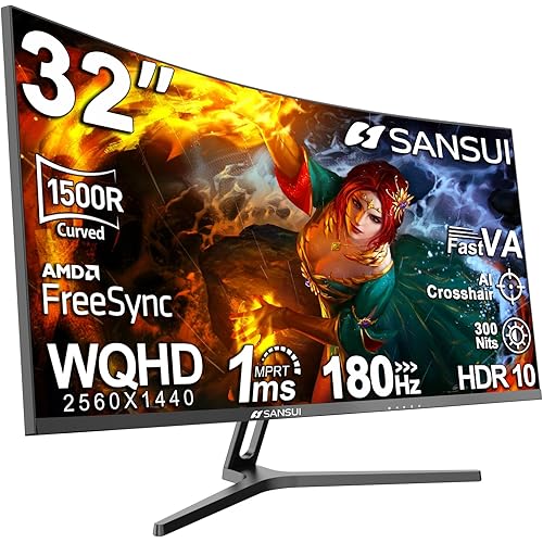 SANSUI 32-Inch Curved Gaming Monitor WQHD 2560 x 1440 180Hz Curved 1500R -Fast VA,1ms(OD), HDR, 300nits, sRGB 125%, DCI-P3 95%, FreeSync, HDMI x2, DP1.4x2(DP Cable Included)