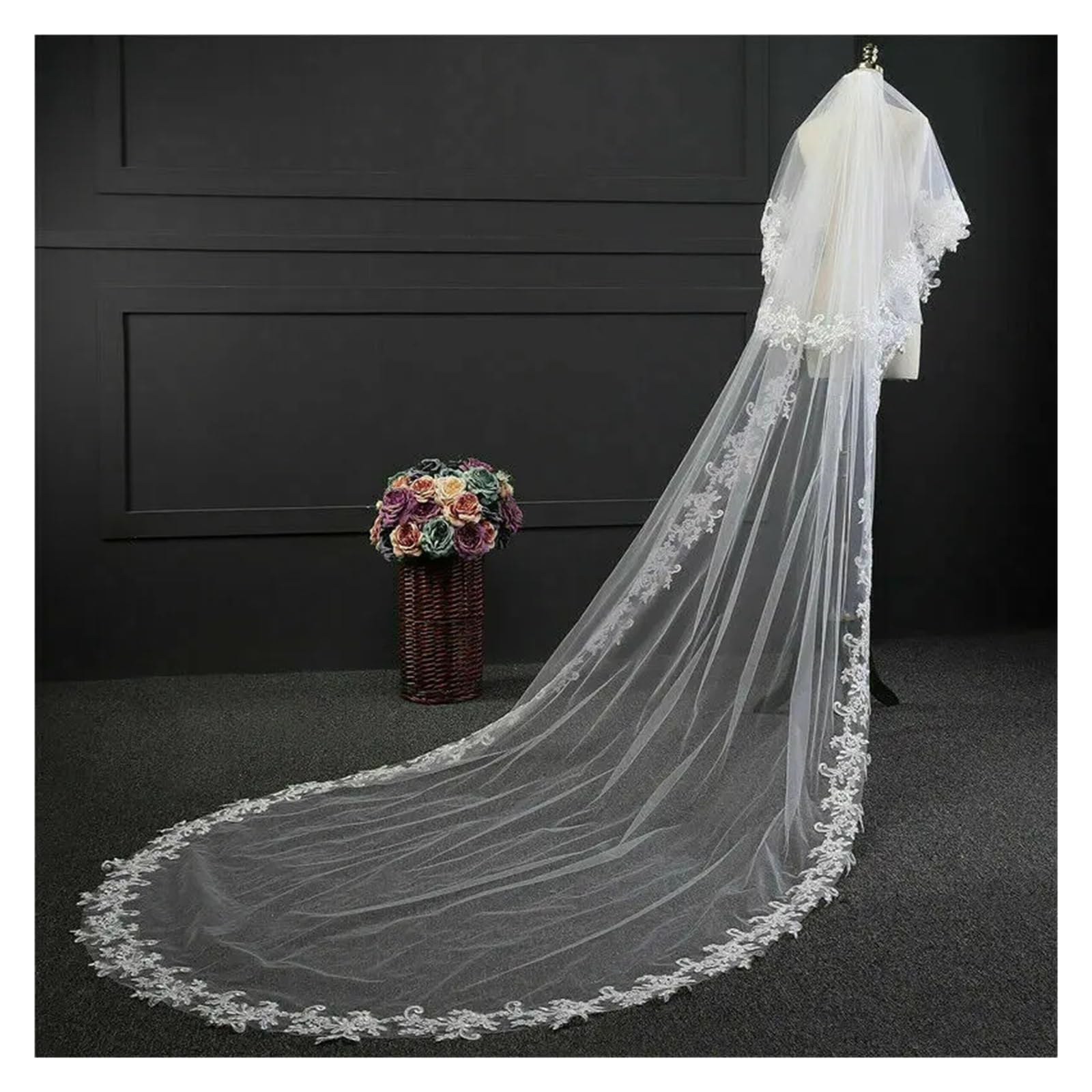 Velo de Novia Blanco Marfil de 3 m de Largo, Mantilla de Encaje con Peine, Accesorio de Boda de Dos Capas Estilo Catedral (Marfil, 300 cm)