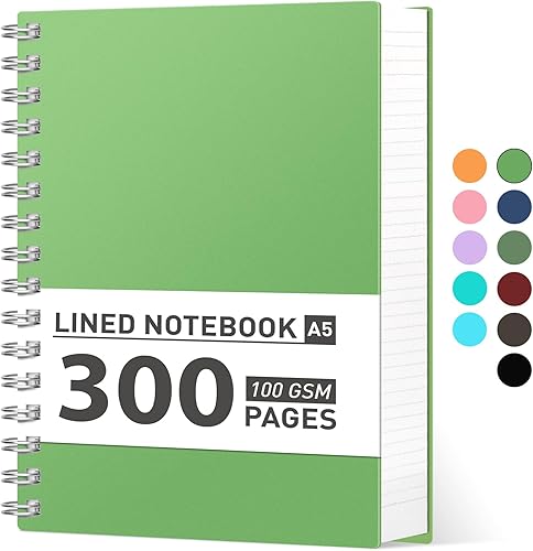 AHGXG Cuaderno de espiral A5 con rayas universitarias, pequeño de 5.7 x 8.22 pulgadas, 300 páginas150 hojas gruesas, papel rayado de 3.53 ozm, tapa