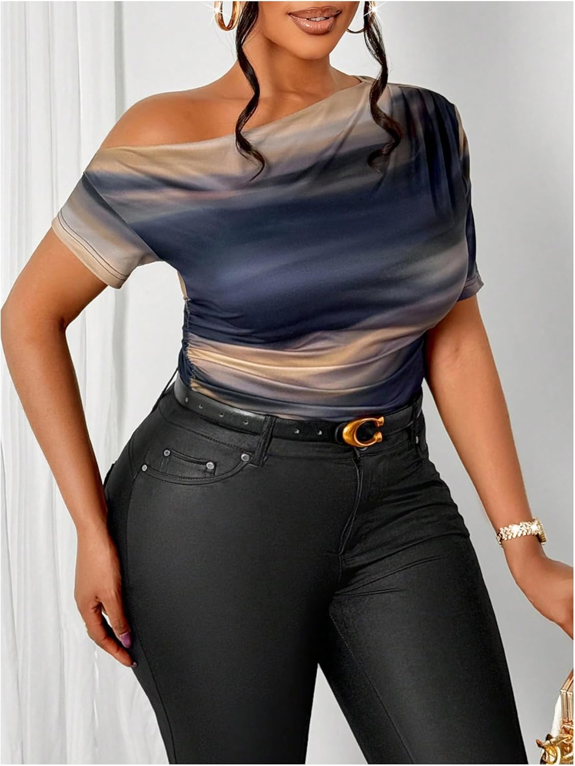 Women's Plus Size Off Shoulder Tops Tie Dye Short Sleeve Ruched T Shirt Slim Fit Elegant Tees - Image 2