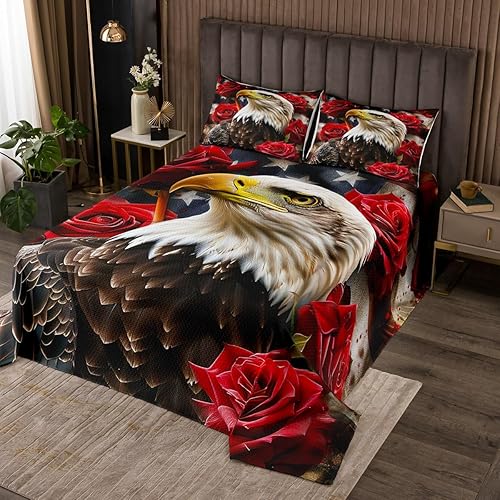 Colcha estampada con águila calva, diseño de cultura americana con bandera estadounidense y rosas y patrones de animales salvajes, ropa de cama