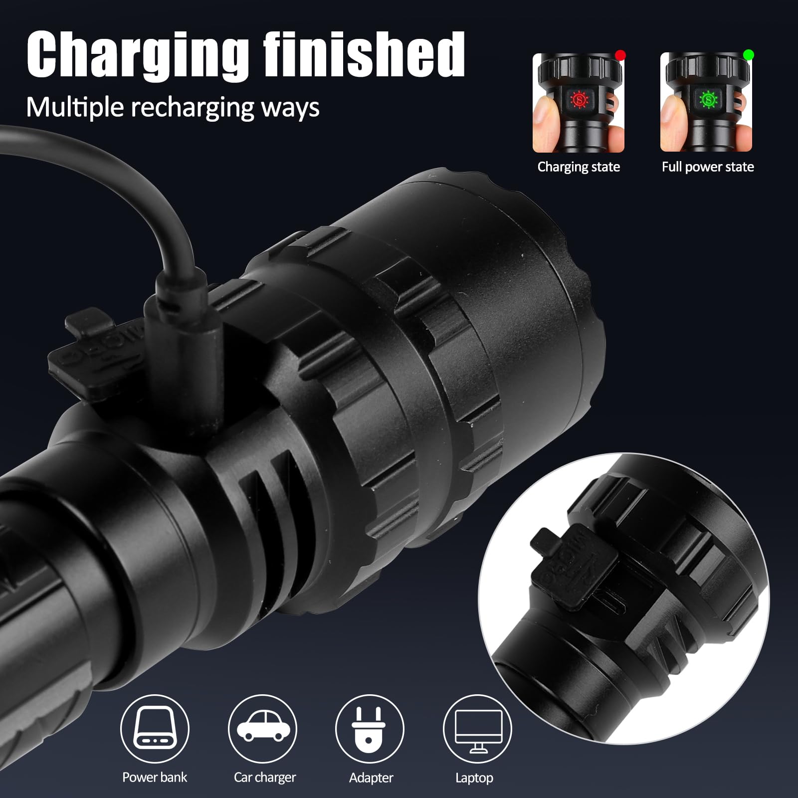 Kit de Linterna LED Alta Potencia Recargable 1600 LM Brillante Antorcha Táctica Linterna de Mano 5 modos 500 metros Impermeable con cargador USB y modo SOS (batería incluida)