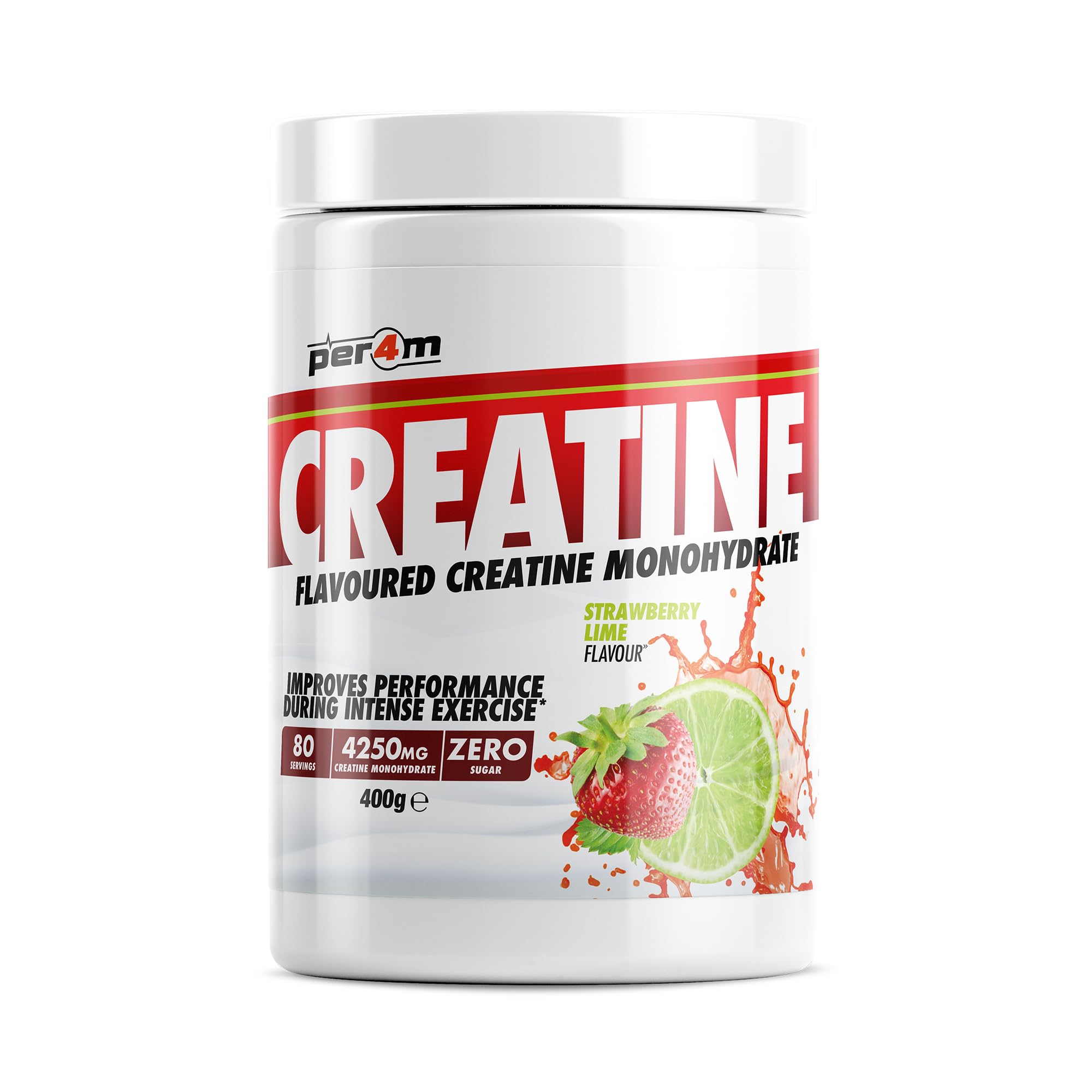 Per4m Creatine Powder | 80 Servings of Micronised Creatine Monohydrate | Performance & Strength | 8 Flavours (400g, Strawberry Lime)