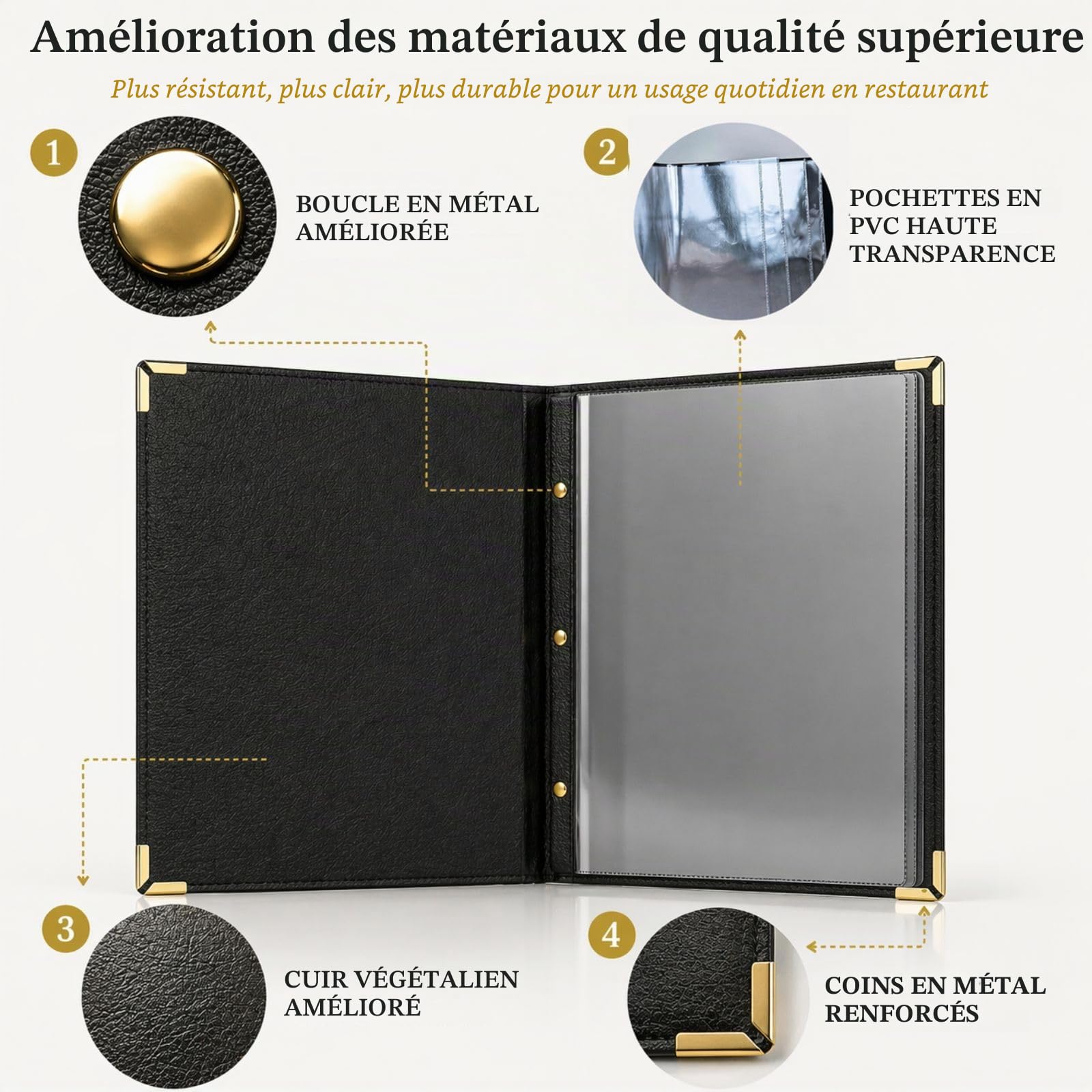 Lot de 2 Porte-Menus A4 – Simili Cuir Écologique – 14 Vues Ajustables – Noir – Livre de Menus Élégant et Durable pour Restaurants, Cafés, Bars, Hôtels