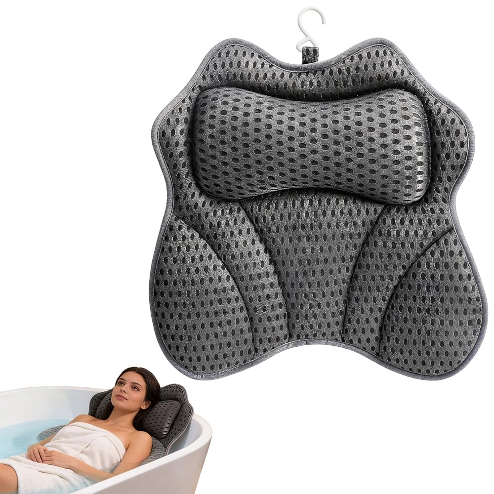 Wxeadu Bath Pillow, Bath Cushion for Head and Neck, 4D Air Mesh Bathtub Pillow, Non-Slip Headrest Cushion with Suction Cup, Bathtub Cushion with with Head, Neck, Shoulder, Back Support for Bathtub Spa