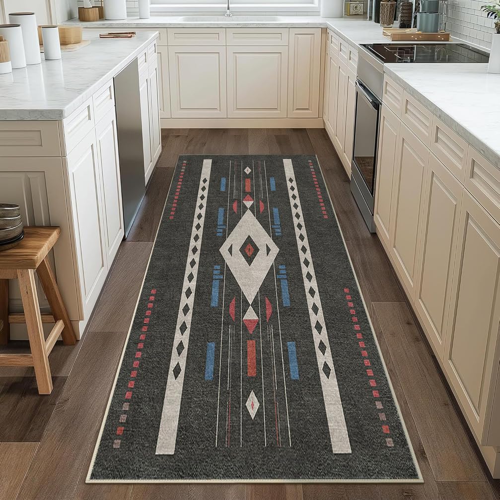 Tappeto Passatoia Antiscivolo 1.8 Metri, Tappeto lavabile per cucina, Tappeto Corridoio Interno Lungo per Ingresso Cucina Camera da Letto Casa，90 x 180 cm,Nero，Motivo Geometrico Moderno