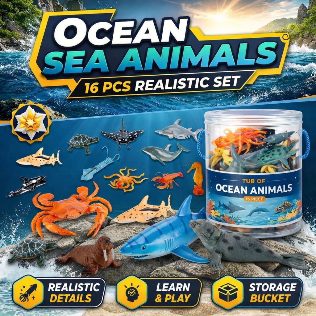 Liberty Imports Bucket of Ocean Sea Animals Toys - 16 PCS Large Underwater Deep Sea Creaures, Realistic Soft Plastic Marine Educational Toy Figures Playset for Toddlers, Kids