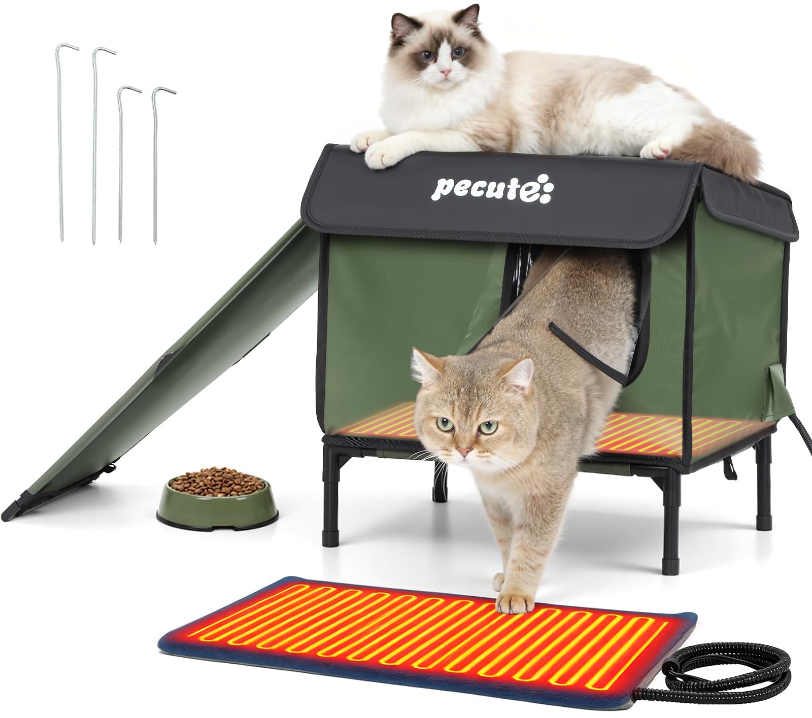 Pecute Cuccia Gatto Esterno con Tappetino Riscaldante per Gatti, Protezione Dal Freddo Casetta Gatto Randagi Esterno Impermeabile, Porta di Fuga Sicura, Robusto, Facile da Installare, Spazio Espande