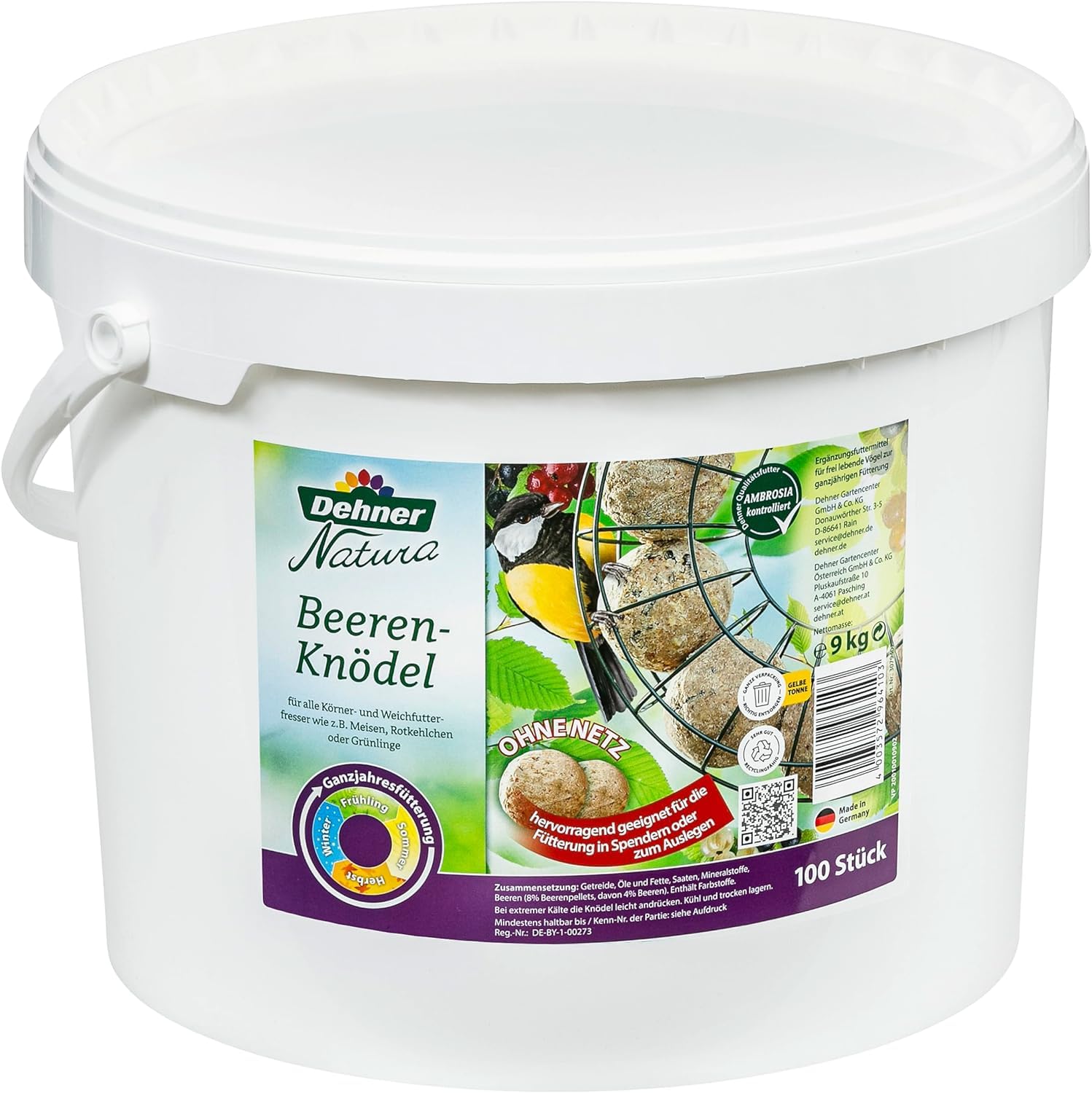 Dehner Natura Wildvogelfutter, Streufutter, 20 kg & Natura Wildvogelfutter, Beeren-Knödel ohne Netz, 100 Stück (10 kg)