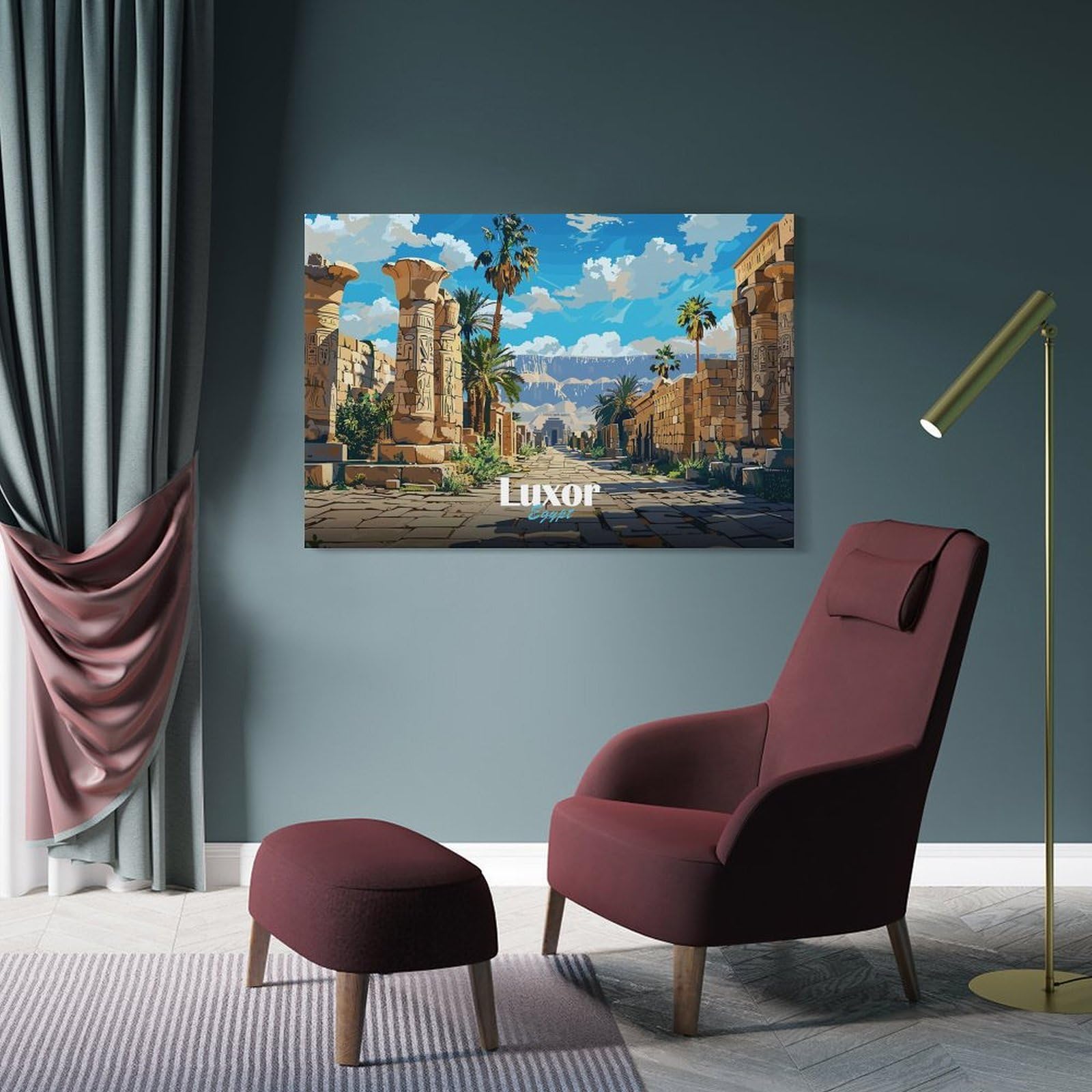 Junmoney Luxor Egypt Illustration Canvas Wall Art 08x12inch(20x30cm), for Study, Office Or Focused Interiors, Home Office Artwork with Decorative Appeal