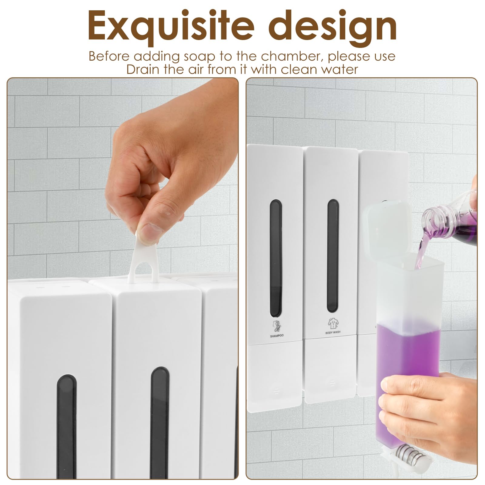3 dispenser di sapone senza foratura, dispenser per shampoo e balsamo, per bagno, gel doccia, montaggio a parete, 3 dispenser per shampoo da 400 ml, erogazione uniforme di liquidi per sapone liquido e
