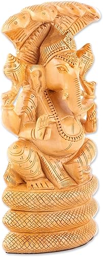 Miniatura 2 de NOVICA Escultura de madera hecha a mano Ganesha y serpiente Kadam de la India, animal marrón, hinduismo, religioso, elefante, serpiente 7.75