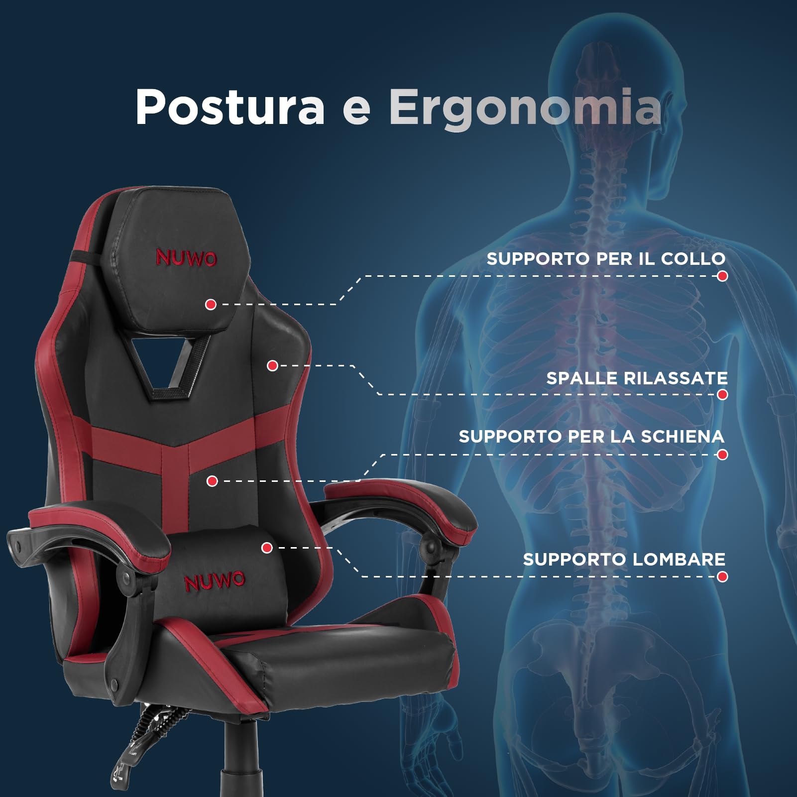 Nuwo Odin - Silla Gaming ergonómica, Silla de Ordenador para Ordenador de Videojuegos, Oficina, reposabrazos Acolchados curvos, Respaldo y Altura Ajustable, Soporte Lumbar y reposacabezas, 120 kg