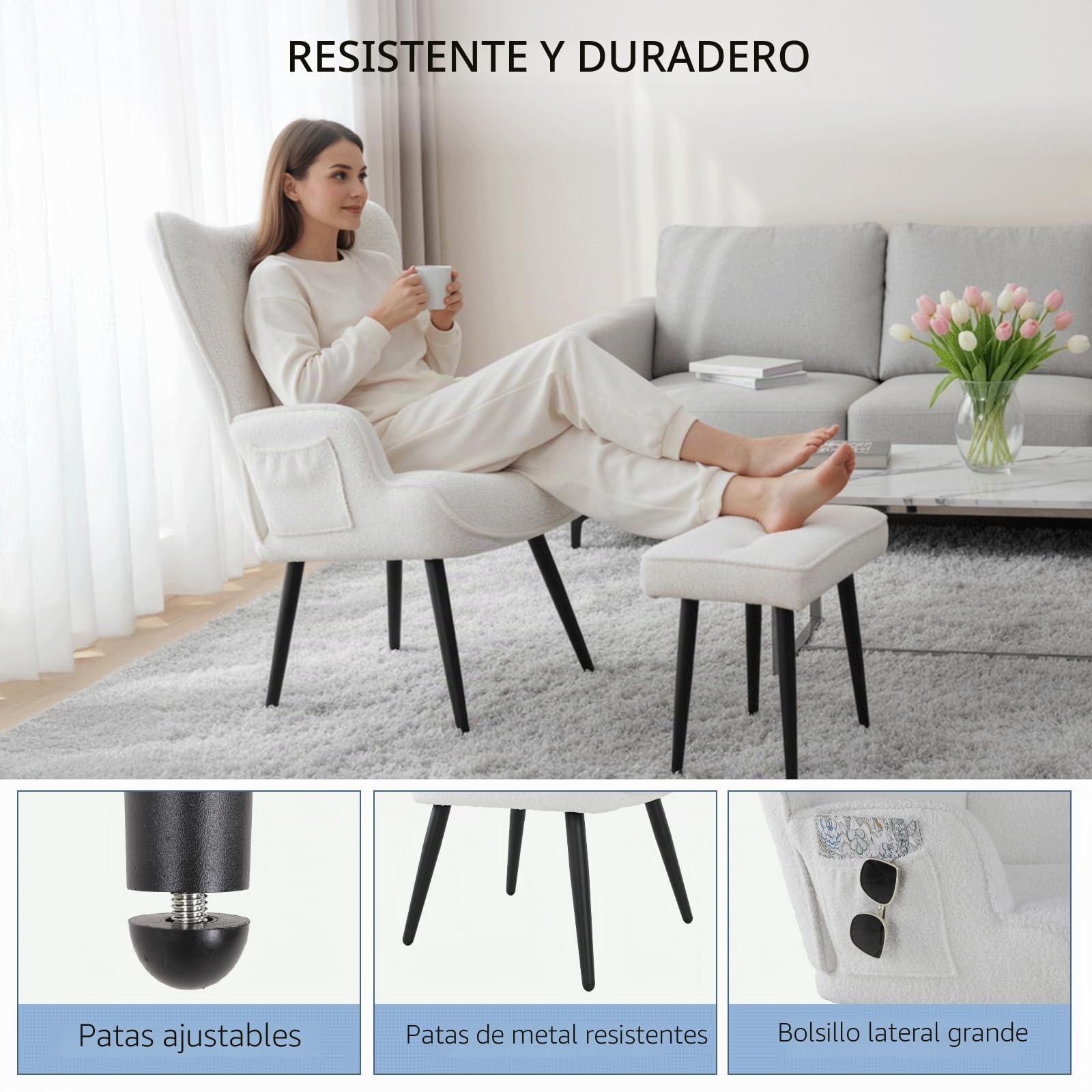 Clevich Sillón Orejero con Reposapiés, Blanco Poltrona Sala Teddy Suave – Butaca de Salón para Lectura, Sillon Dormitorio, hasta 168 kg