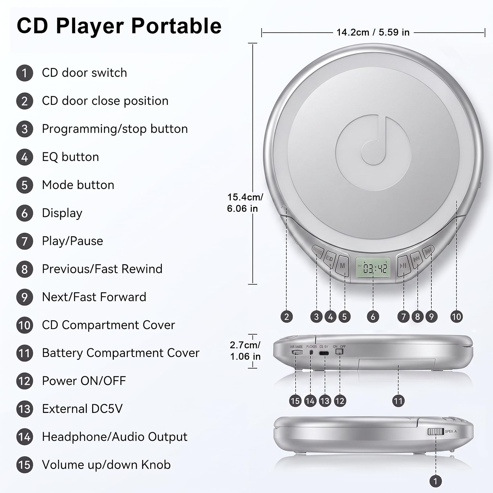 Gueray Lettore CD portatile con auricolari, CD Discman per auto e casa, con protezione anti-skip antiurto, lettore CD personale Discman con display LCD, supporta la funzione di memoria PROG (H-01