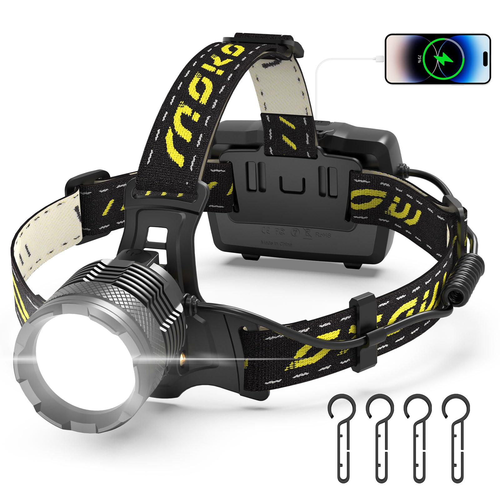 MoKo Stirnlampe LED Wiederaufladbar, Superhell 100000 Lumen & 10200 mAh Grosse Kapazität AKKU, 8 Lichtmodi, IP68 Wasserdicht 90° Verstellbar Kopflampe Stirnlampe für Outdoor Camping Angeln, Schwarz