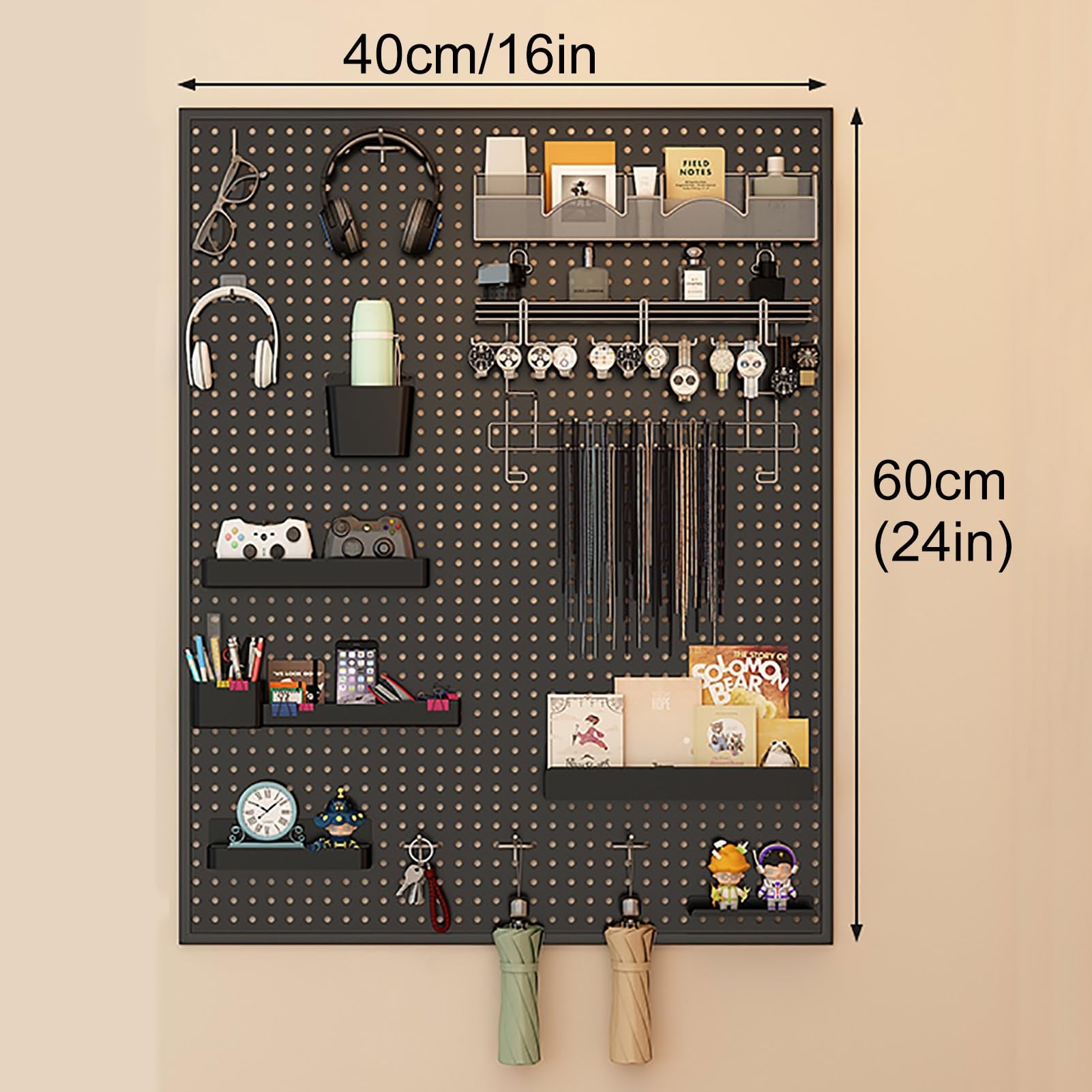 Organizador Herramientas con 10 Ganchos, Panel Herramientas Pared Tablero Perforado Escritorio Pegboard Panel Perforado(Black,60x40cm/24x16in)