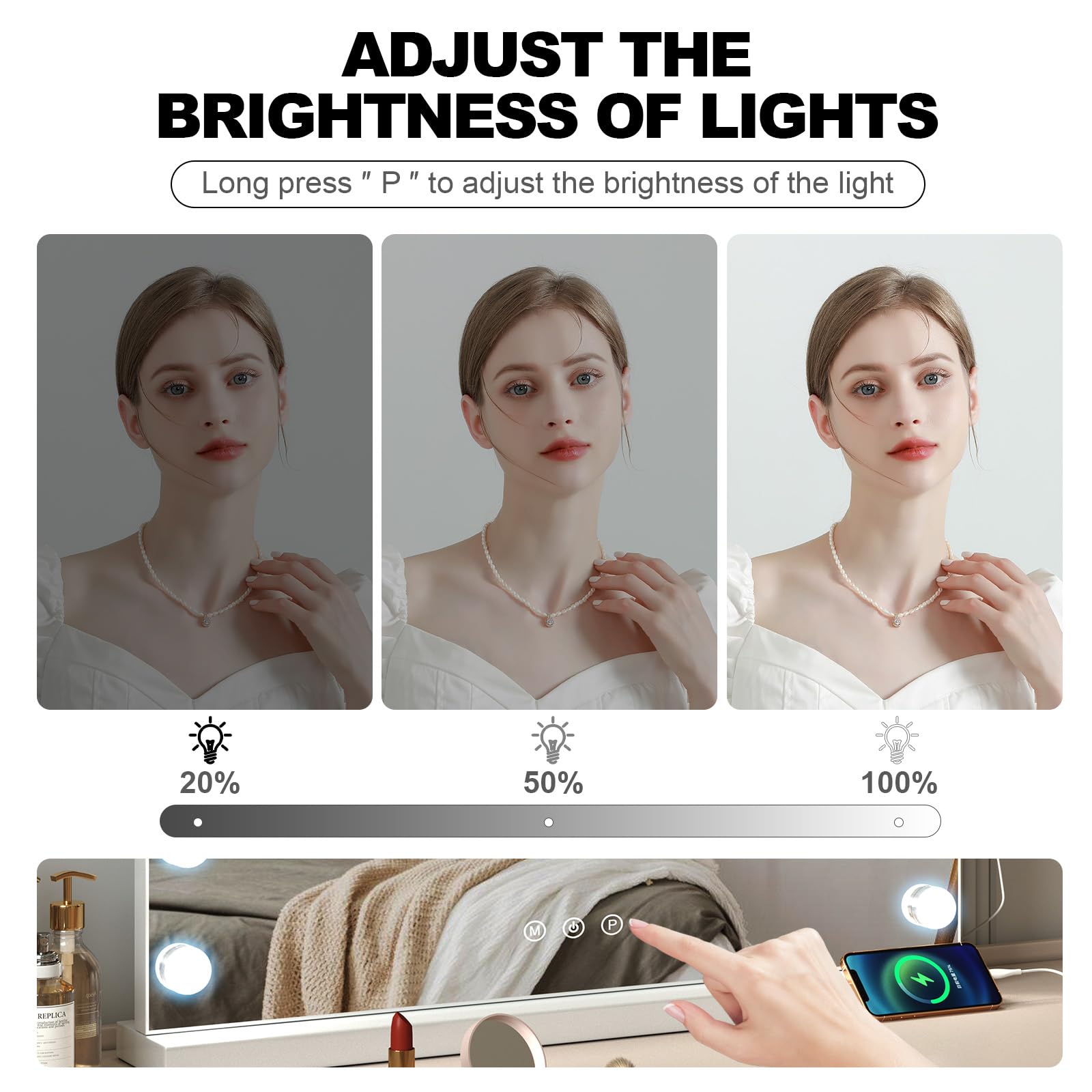 Espejo de Maquillaje con 17LED - Espejo Iluminado Estilo Hollywood con 3 Modos de luz Ajustable, Control táctil, Espejo de tocador, 70 x 55 cm