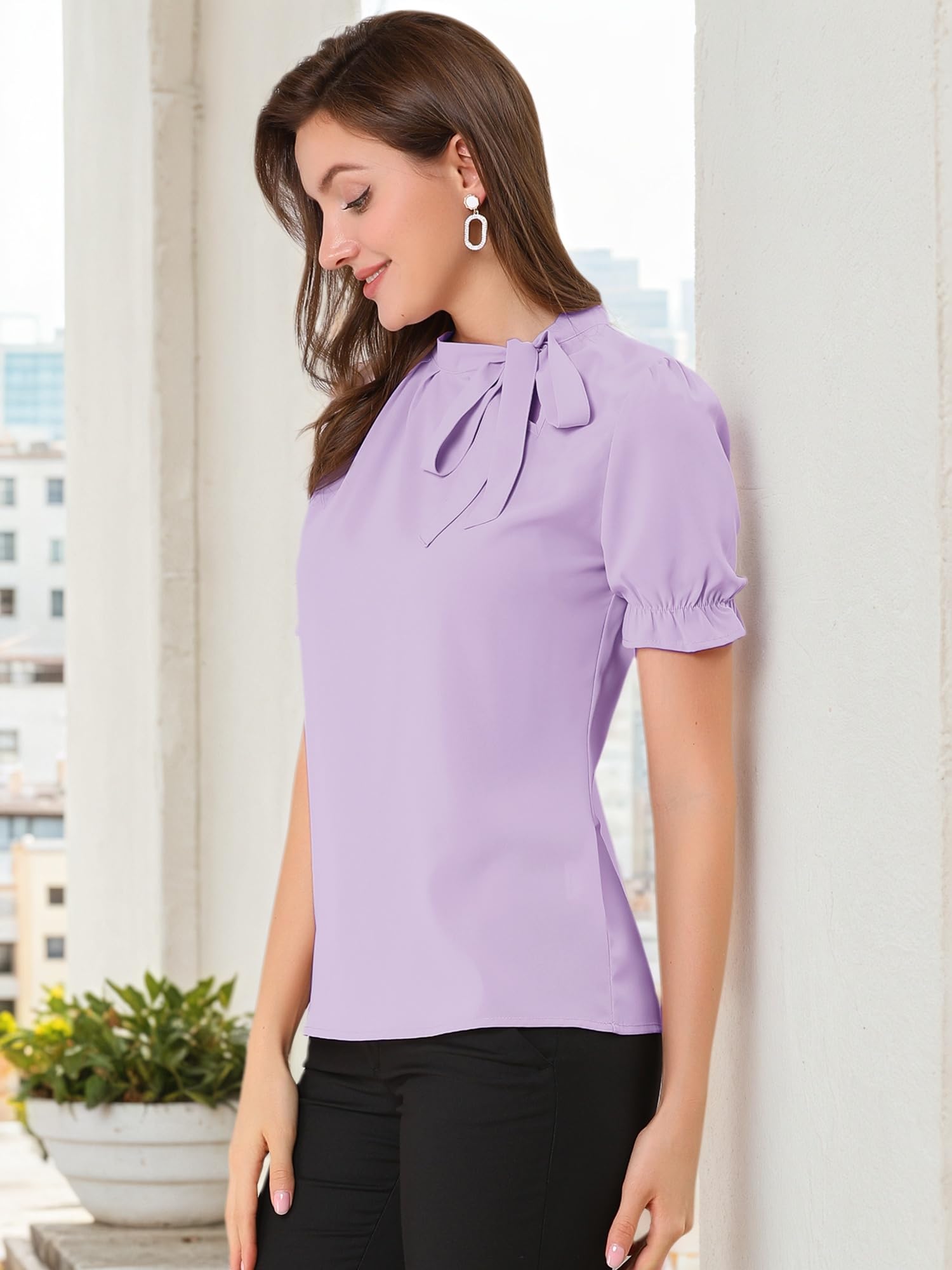 Allegra K Donna Camicie Collo Farfalla Elegante Camicetta Maniche Corte Ufficio | Maniche a sbuffo, leggero, elegante, casual, da lavoro, interviste, abiti per primavera estate