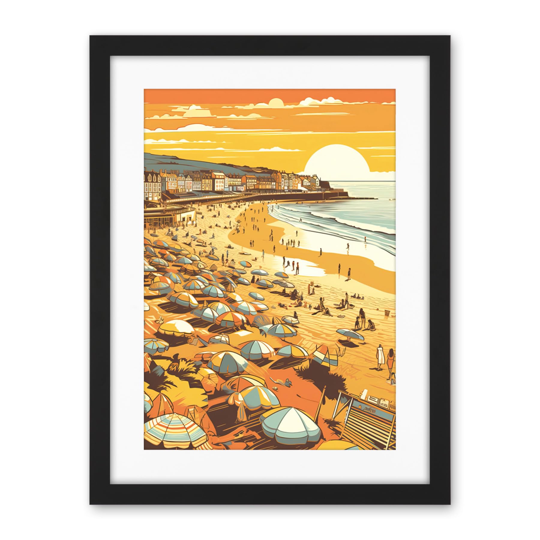 Artery8 Summer Sunset at Busy Sandy Promenade Beach Artwork Framed Wall Art Print 18X24 Inch