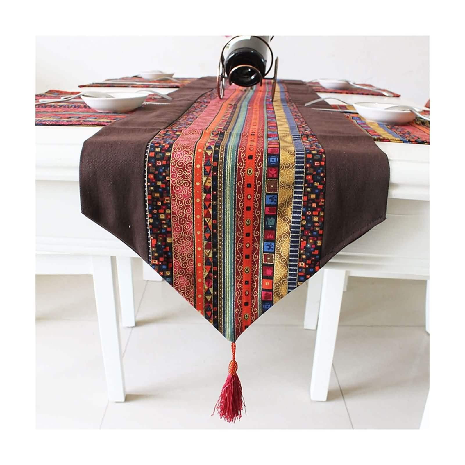 Table Runner Wedding, Tischläufer Braun Rot 32x180CM Vintage-Muster Bettwäsche Baumwolle Tischdeko Wohnzimmer Küche Geburtstage