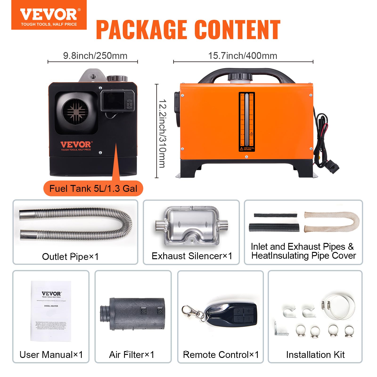 VEVOR Calentador Diésel Portátil Todo en Uno 12V 8kW Calentador de Aire Diésel 0,16-0,62 L/h 8~36°C Ajustable 20-25 m² LCD Bluetooth Mando a Distancia Depósito de 5 L para Autocaravana Sin Instalación