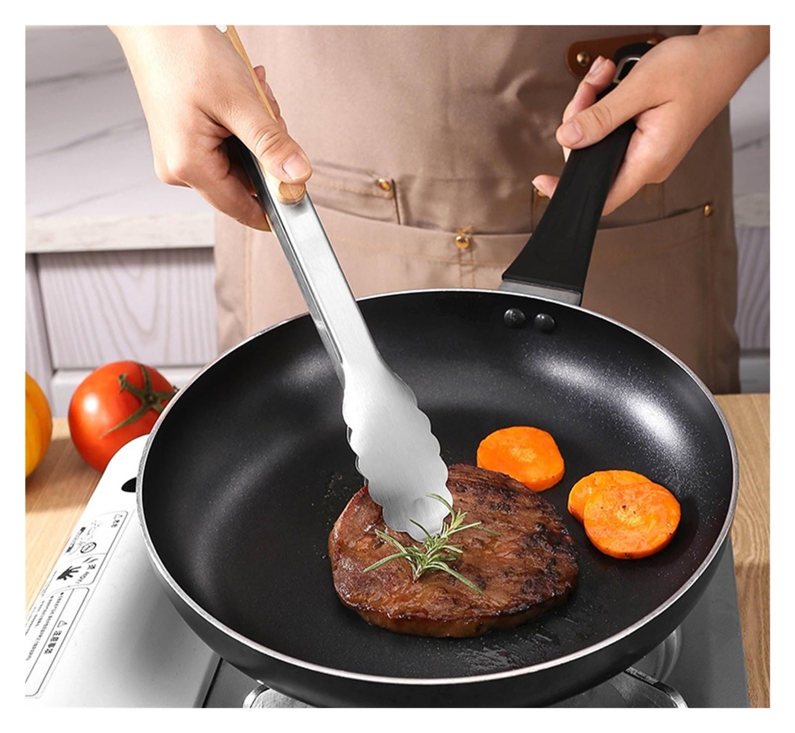 Pinzas de acero inoxidable con mangos madera maciza, barbacoa larga, compatibles carbón, parrilla, cocina(44.5cm)
