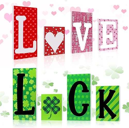Decoración para el día de San Patricio bandeja escalonada 4 piezas reversible decoración de letrero de madera de la suerte y el amor bloques de pie