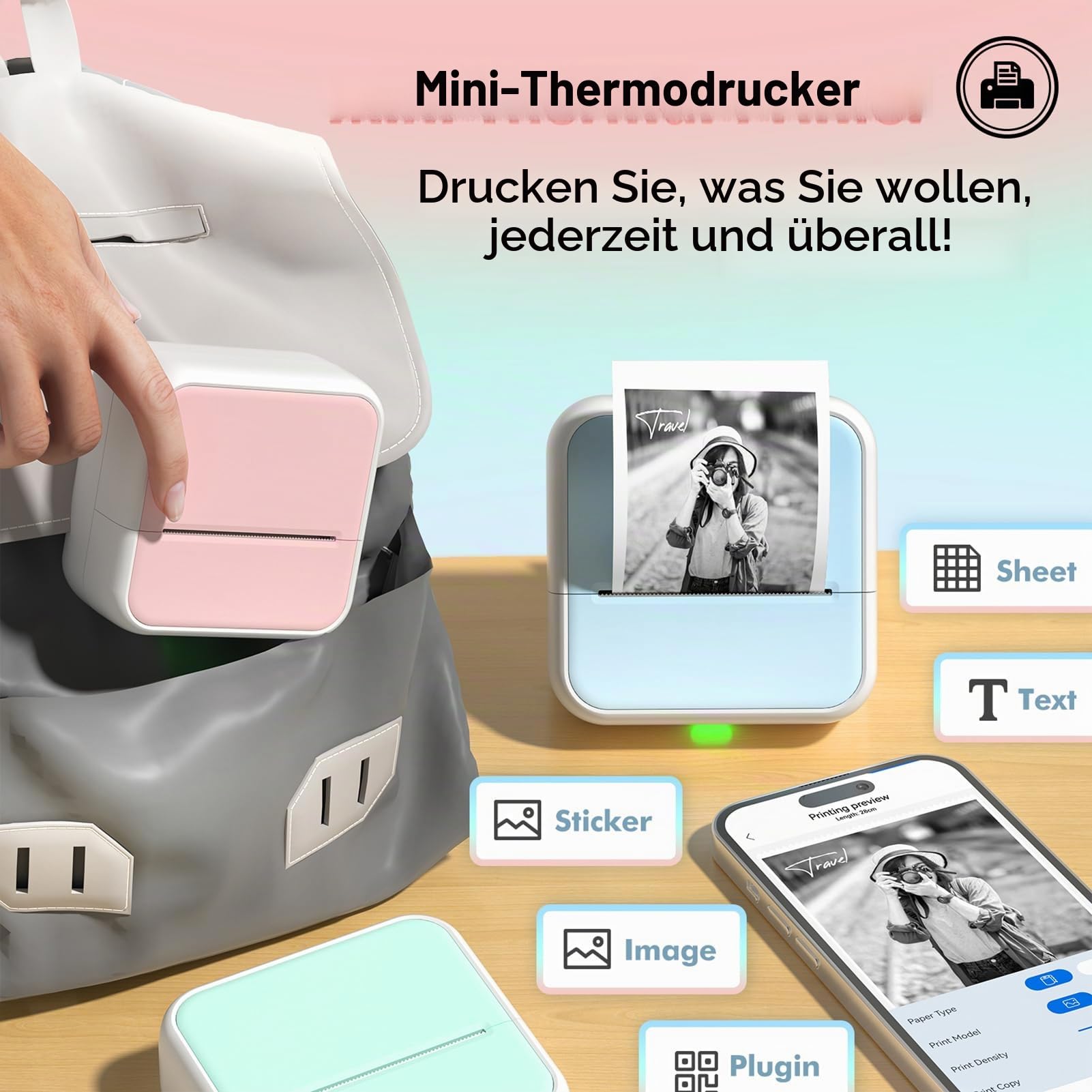 Bisofice S1 Mini Drucker für Smartphone mit 11 Rollen Druckerpapier, Sticker Drucker Aufkleber, Mini Thermodrucker Bluetooth Fotodrucker für Studiennotize, DIY,Journal,Etiketten, Blau