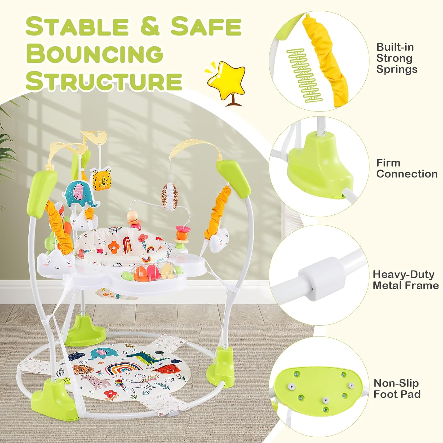 BABY JOY Baby Jumpers and Bouncers, Infant Activity Center with Music Lights Sounds, 360° Rotating Seat and 3 Adjustable Heights, Baby Play and Learning Center for 6-12 Months