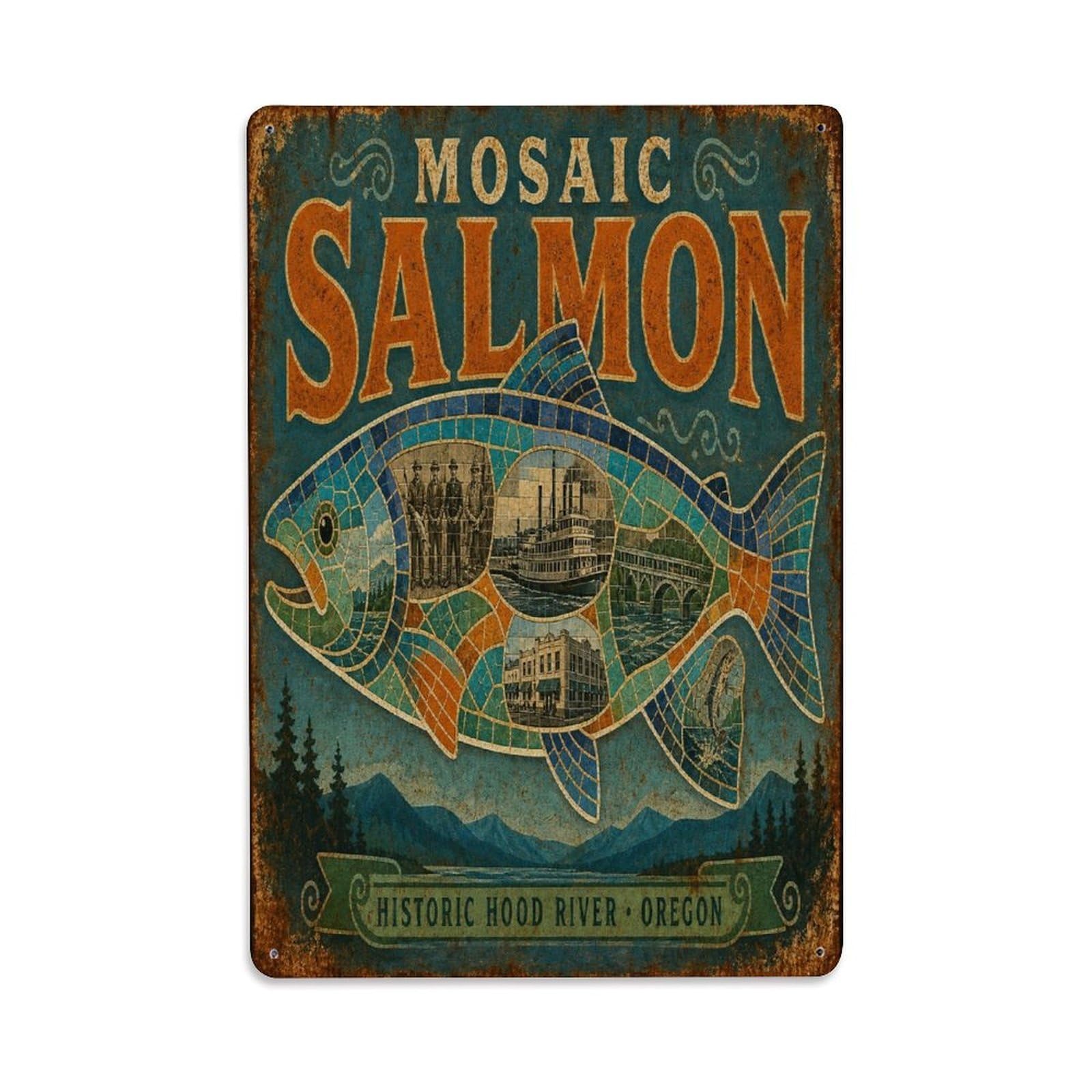 Belfast Ceramic Salmon Mosaic Riverside Landmark Metal Tin Sign Plaque Wall Decor for Cafe, Man Cave, Club Bar, Office, Home Garden Round Metal Poster 8x12Inch