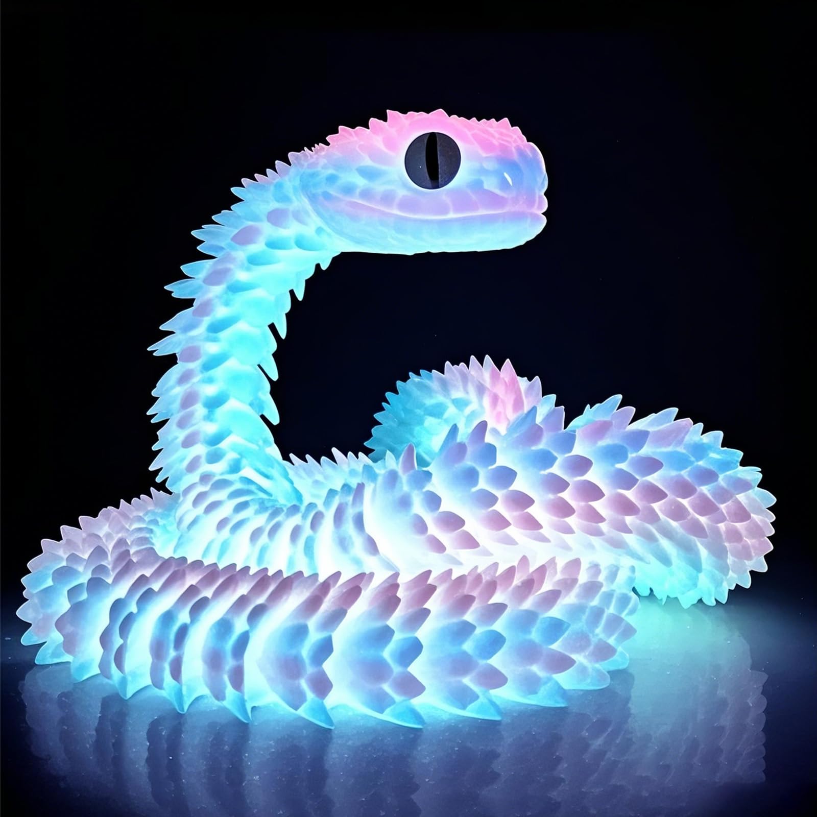 24in 3D Printed Snake, 3D Printed Animals Articular Mobility Glow in The Dark Snake Toy, Fidget 3D Printed Collectible Toys for Home & Office Decoration, Gift for Boys and Girls (Luminous Blue)