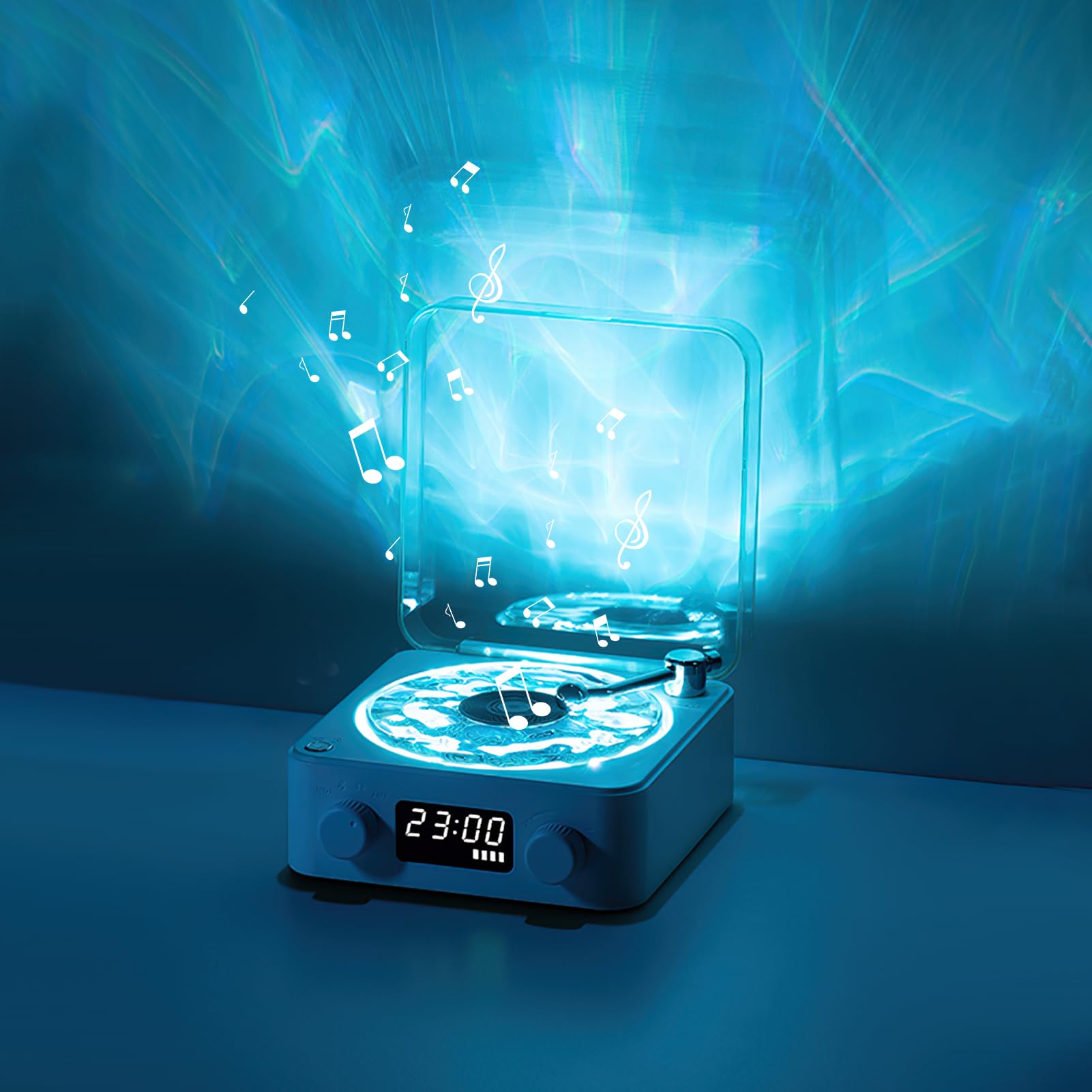 White Retro Vinyl Record Player, Bluetooth Turntable with Water Wave Light Effect, 360° Stereo Sound, Plastic Body, Turntable