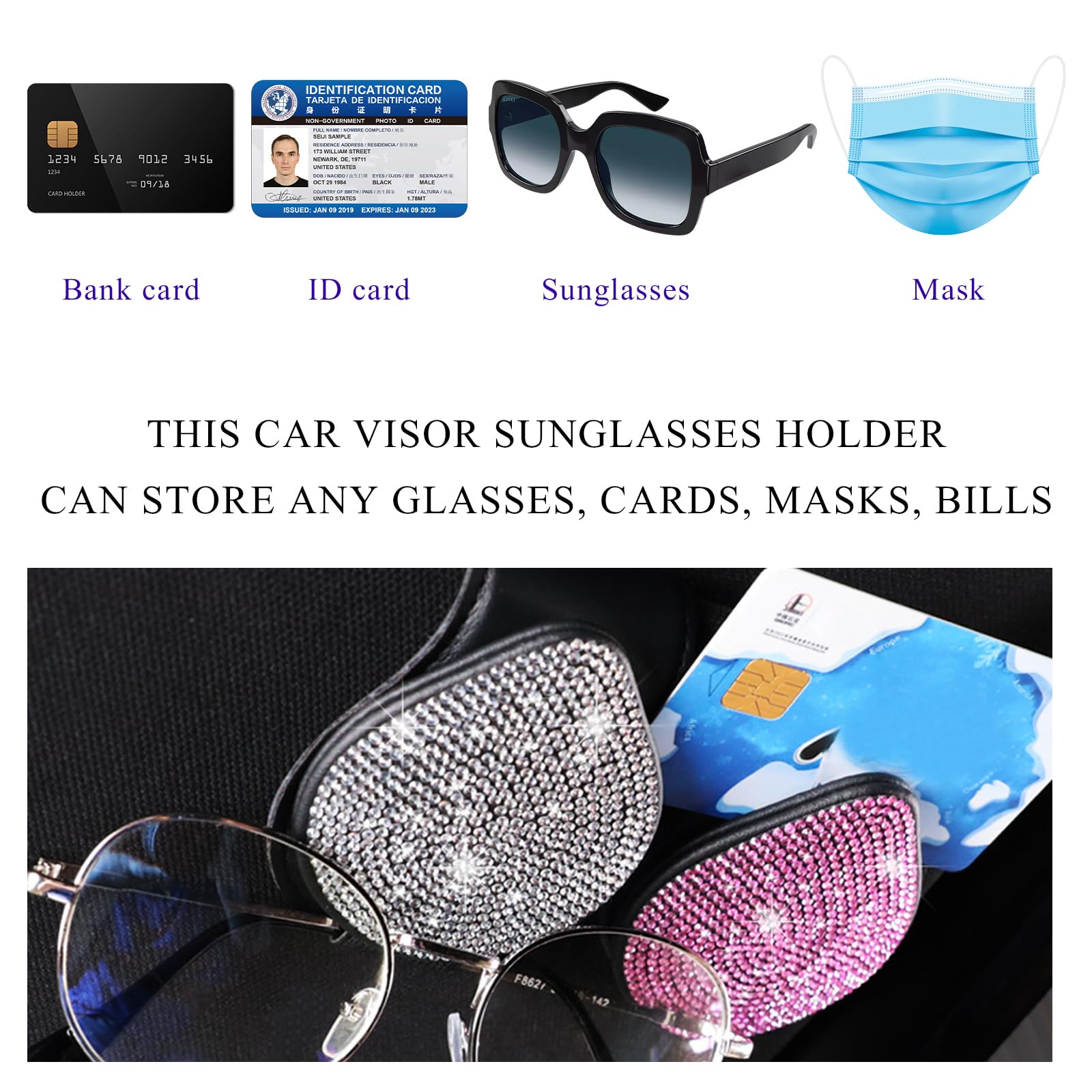 Bling Sunglass Holder for Car Visor Magnetic Leather Visor Clip Glasses Holder with Sparkling Rhinestones Crystal Visor Ticket — view 5