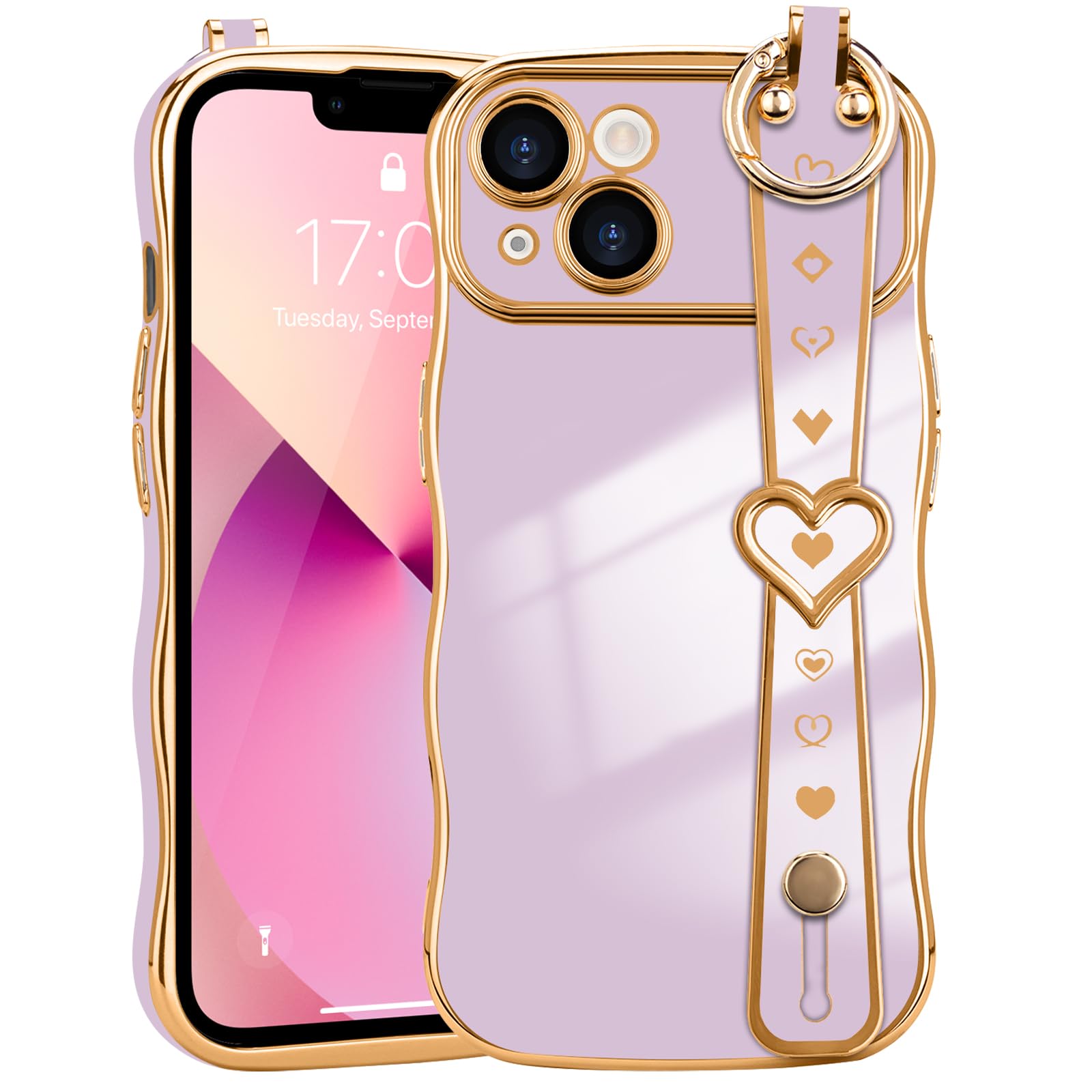 LLZ.COQUE for iPhone 13 Case for Women Girls, Wave Frame with Strap Cute Love-Heart Luxury Plating Curly Shape Cover Raised Camera Protection