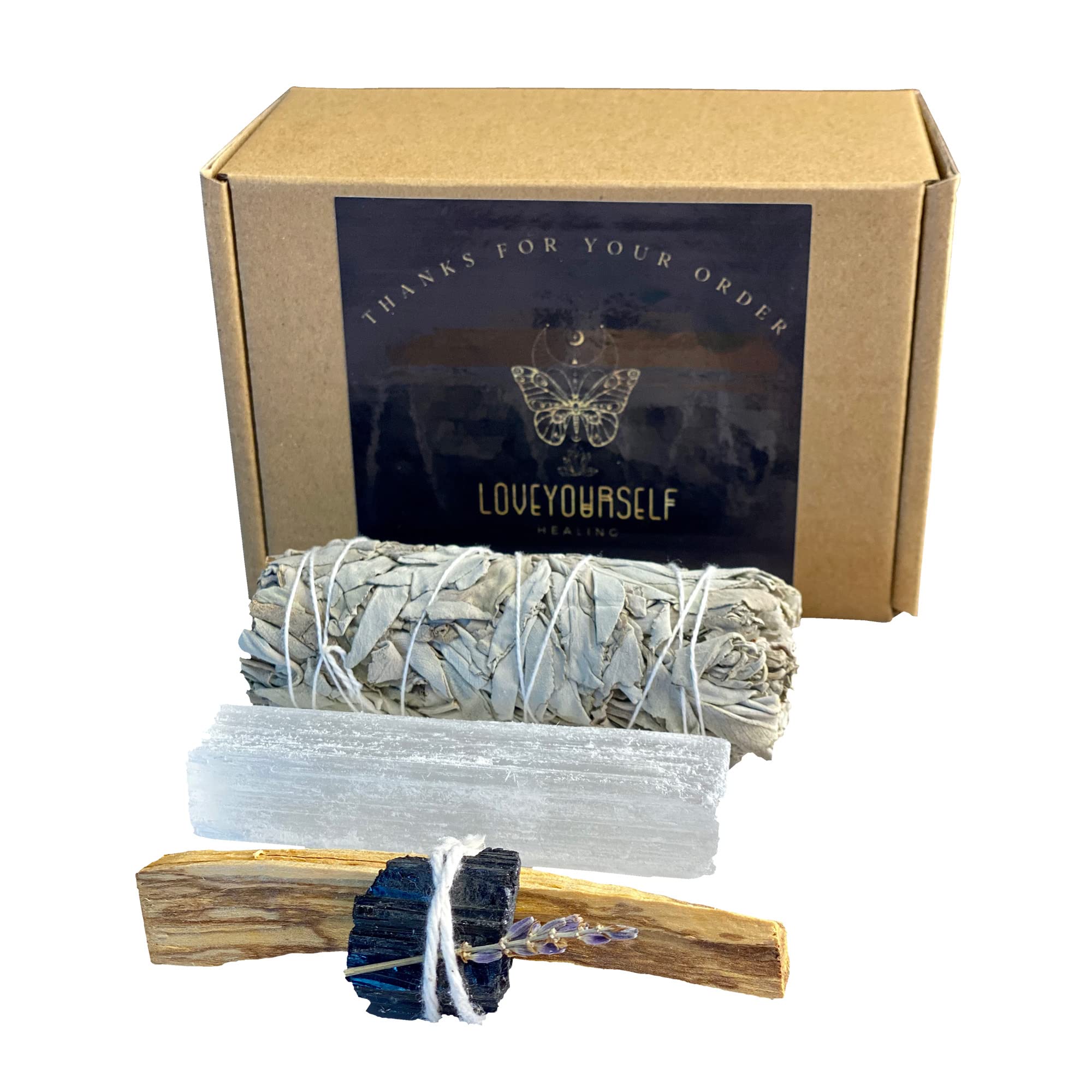 Smudge Kit – Smudge Set with White Sage, Palo Santo Sticks, Selenite, Black Tourmaline – White Sage Smudge Kit for Meditation, Spiritual Cleansing, Purifying