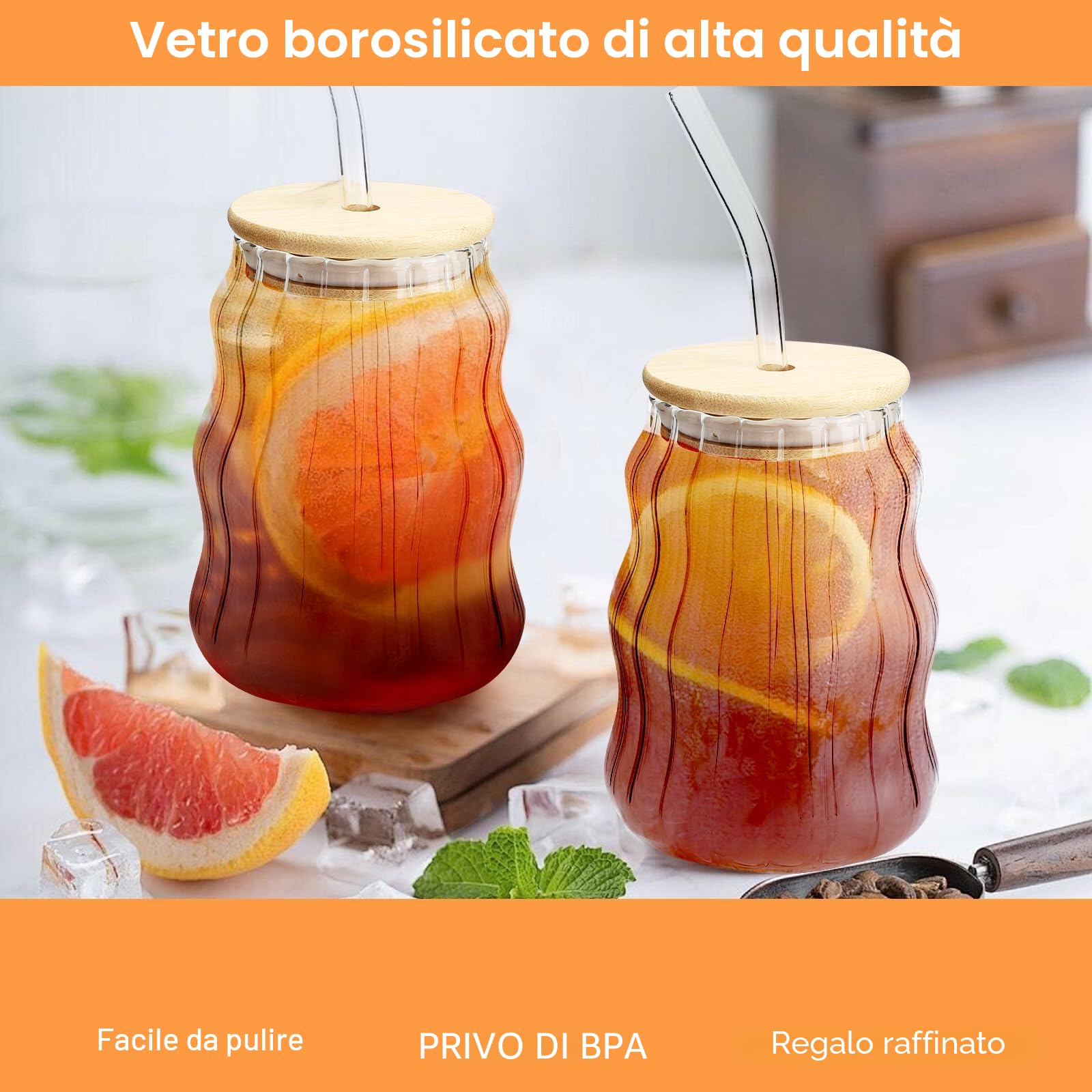 APOMOONS Set di 2 bicchieri con coperchio e cannuccia tazze in vetro a coste caffè ondulato con cannucce trasparenti ghiacciate per acqua, succo di caffè, birra latte