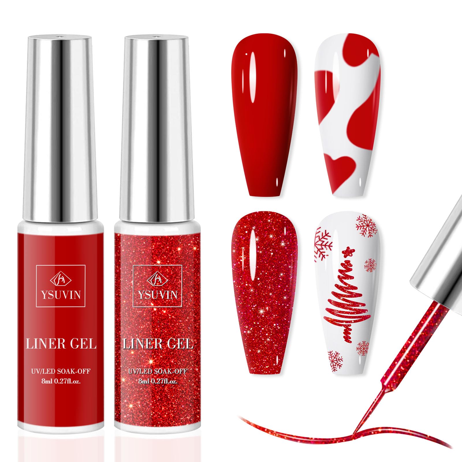 YSUVIN Esmalte Semipermanente Liner, 2 Colores Rango Rojo Pintauñas Semipermanentes Soak Off UV/LED Gel Uñas Pintura de Líneas DIY Francés Manicura Nail Art Set Kit Uñas Semipermanentes