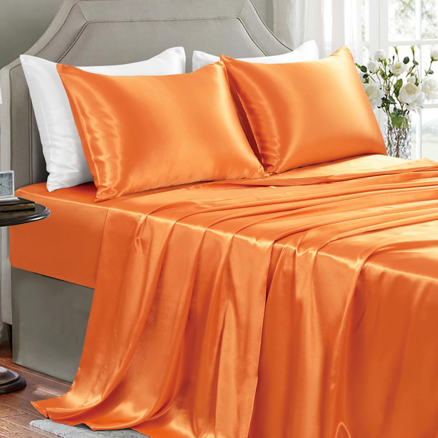 GOLAL Satin Sheets California King Size - 4 Pieces Luxury Silky Soft Bed Sheets, Wrinkle-Free Burnt Orange Satin Silk Sheet Set with 1 Deep Pocket Fitted Sheet, 1 Flat Sheet, 2 Pillow Cases โ image 1